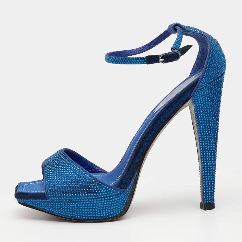 René Caovilla Metallic Blue Crystal Embellished Satin Ankle Strap Platform Sandals Size 37