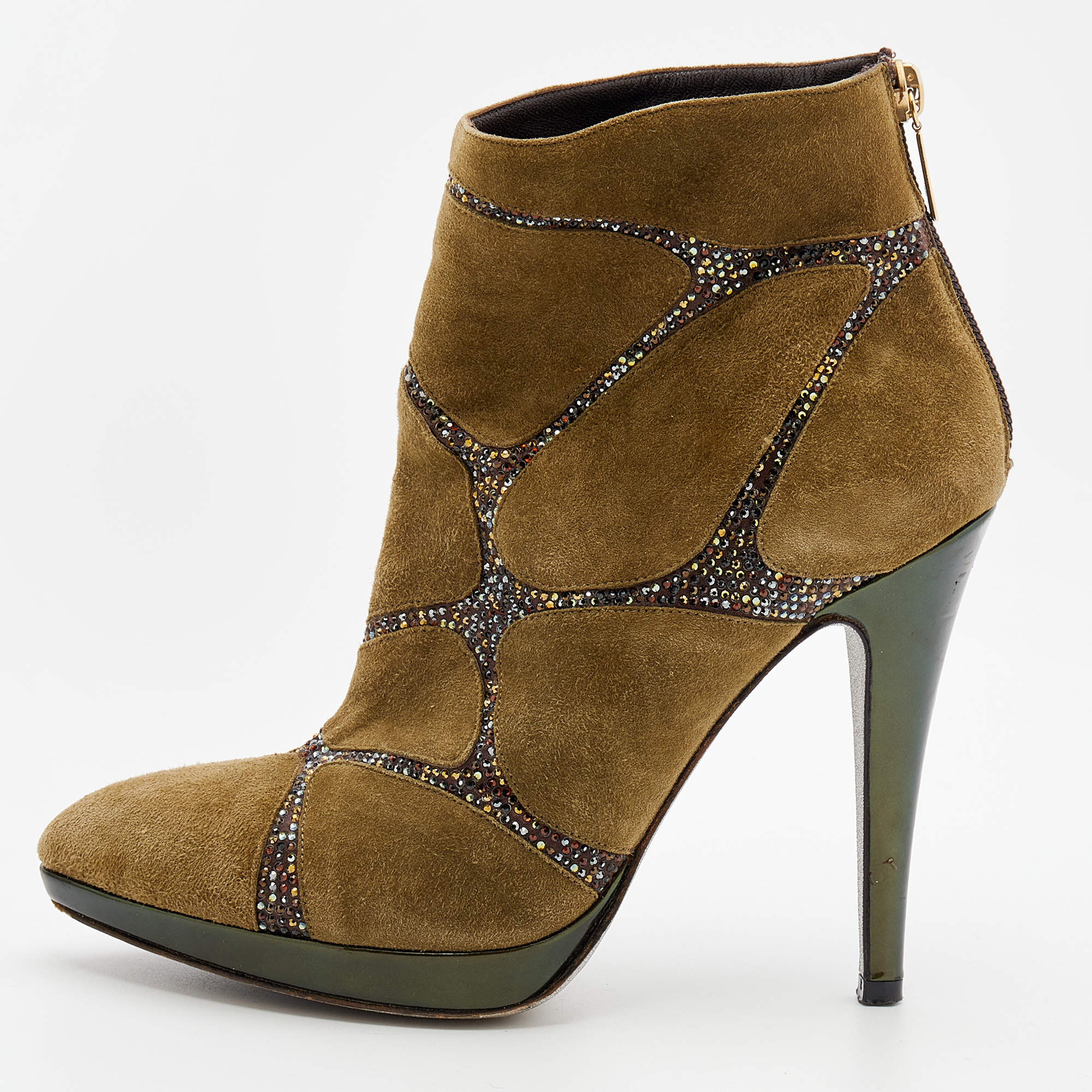 Pre Owned René Caovilla Khaki Green Suede Crystal Embellished Ankle Boots Size 37