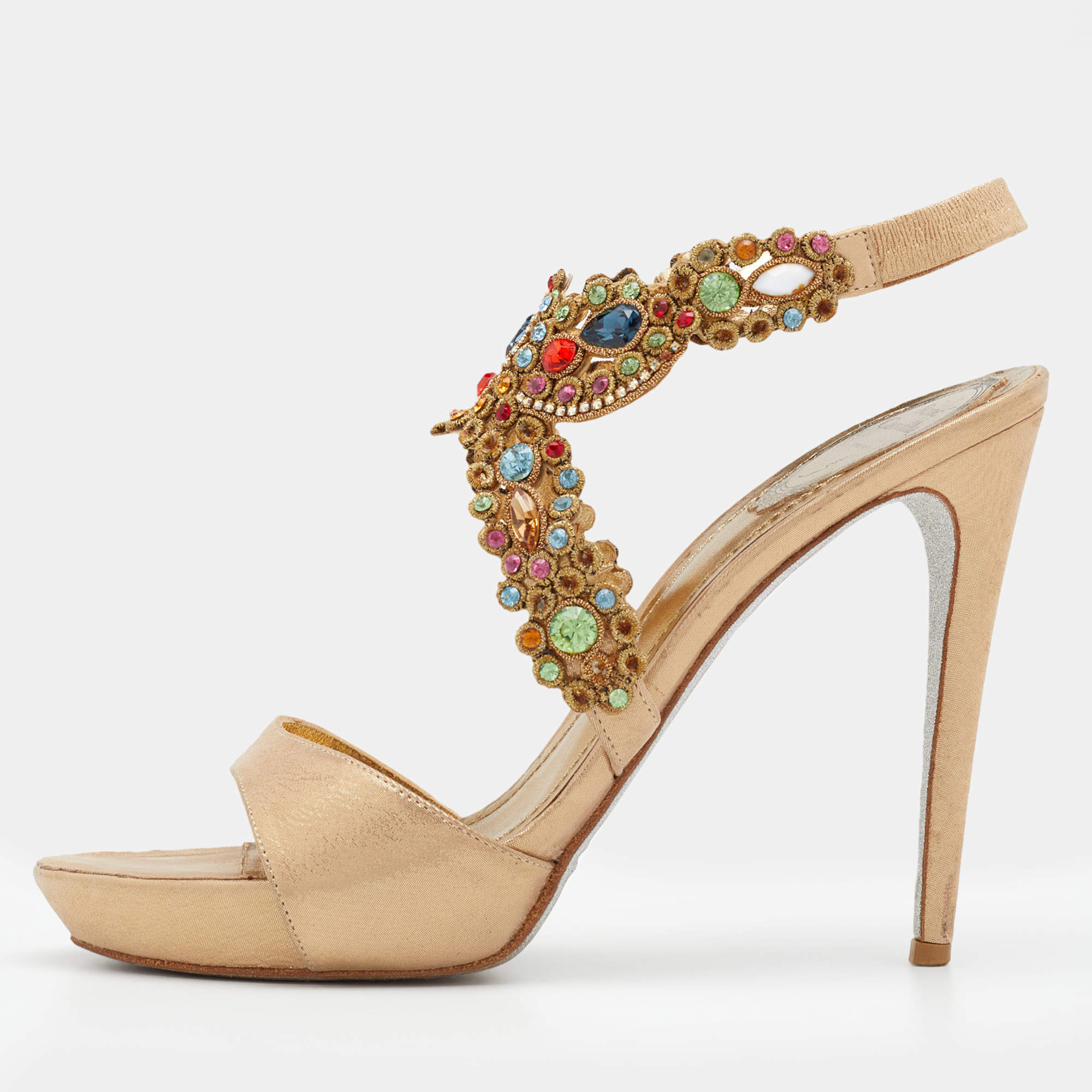 René Caovilla Metallic Beige Nubuck Leather Embellished Platform Slingback Sandals Size 40