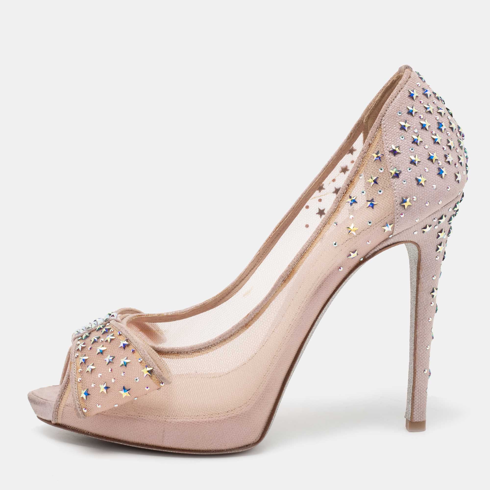 René Caovilla Light Pink Mesh and Shimmer Suede Star Embellished Bow Peep-Toe Pumps Size 38