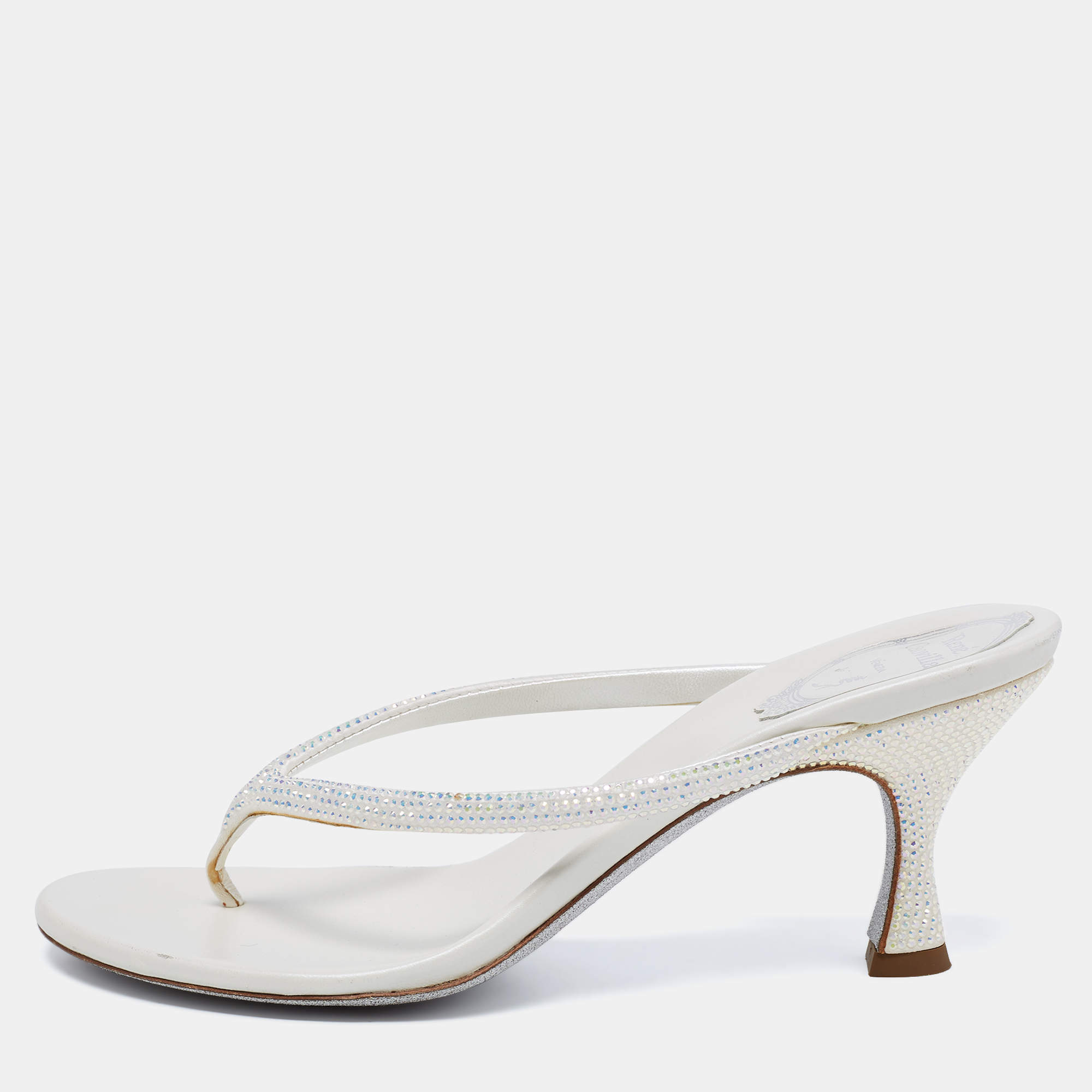 Pre Owned René Caovilla Off-White Satin Crystal Embellished Thong Sandals Size 38
