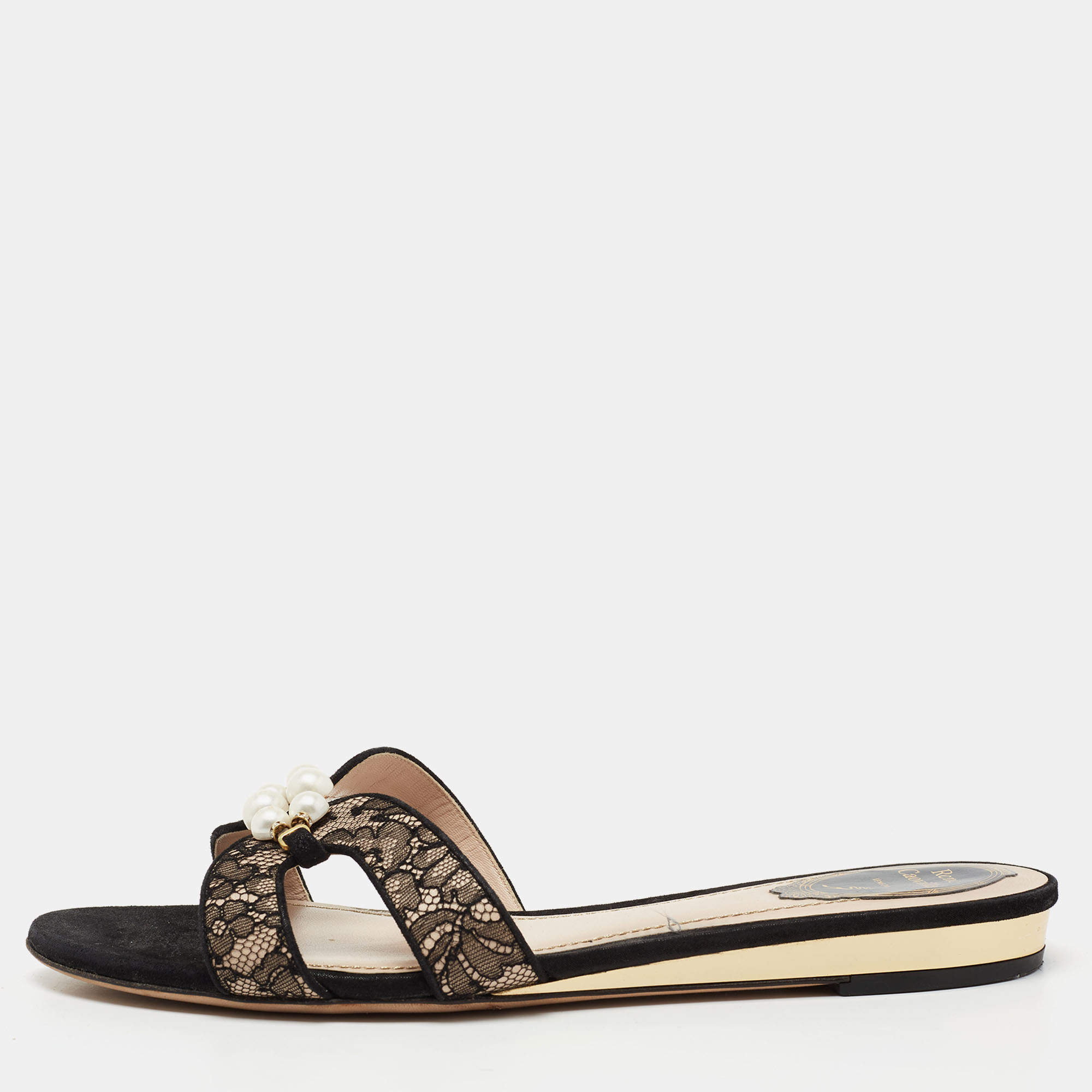 René Caovilla Black Lace Faux Pearl Embellished Flat Slides Size 40
