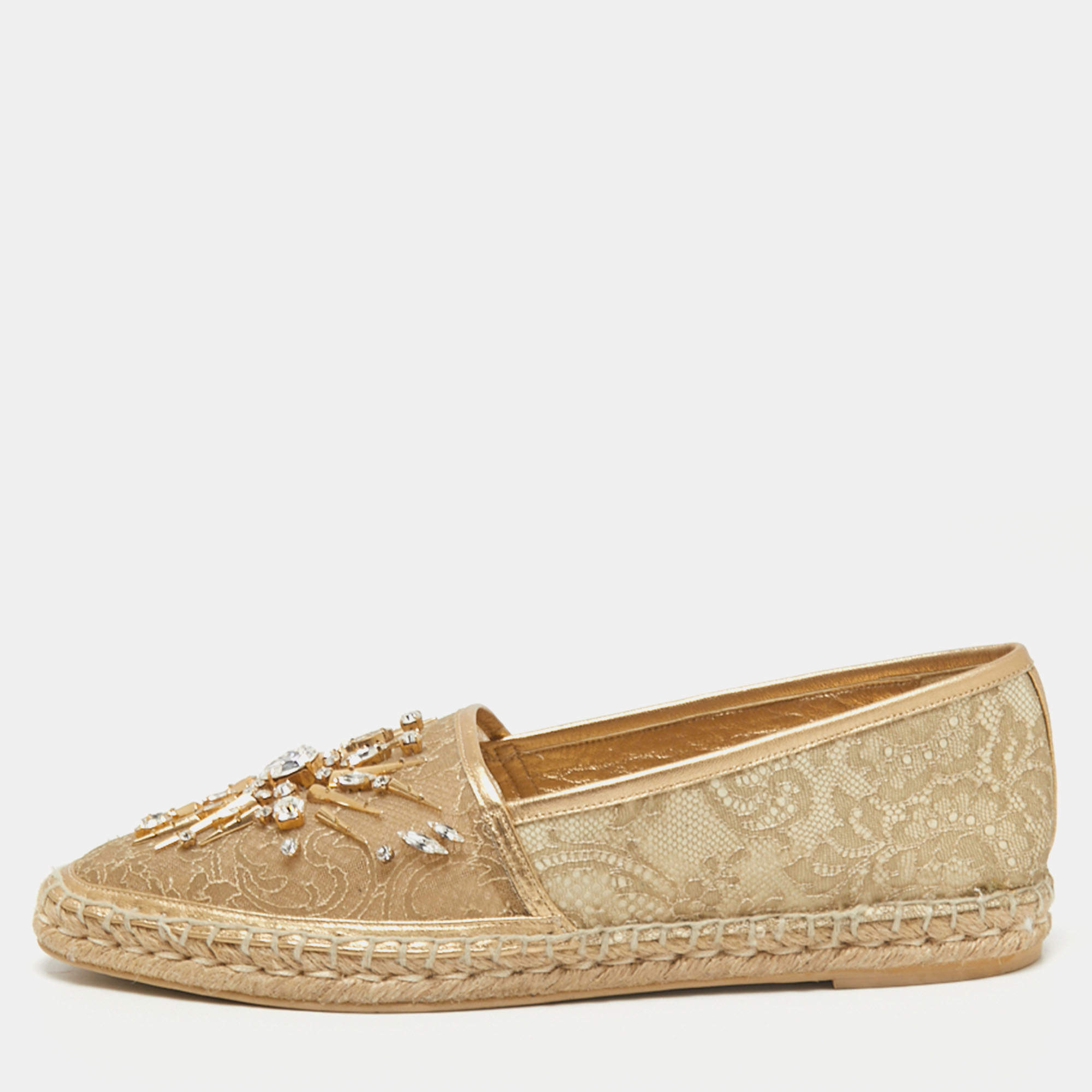Pre Owned René Caovilla Metallic Gold Lace And Leather Crystal Embellished Espadrille Flats Size 40