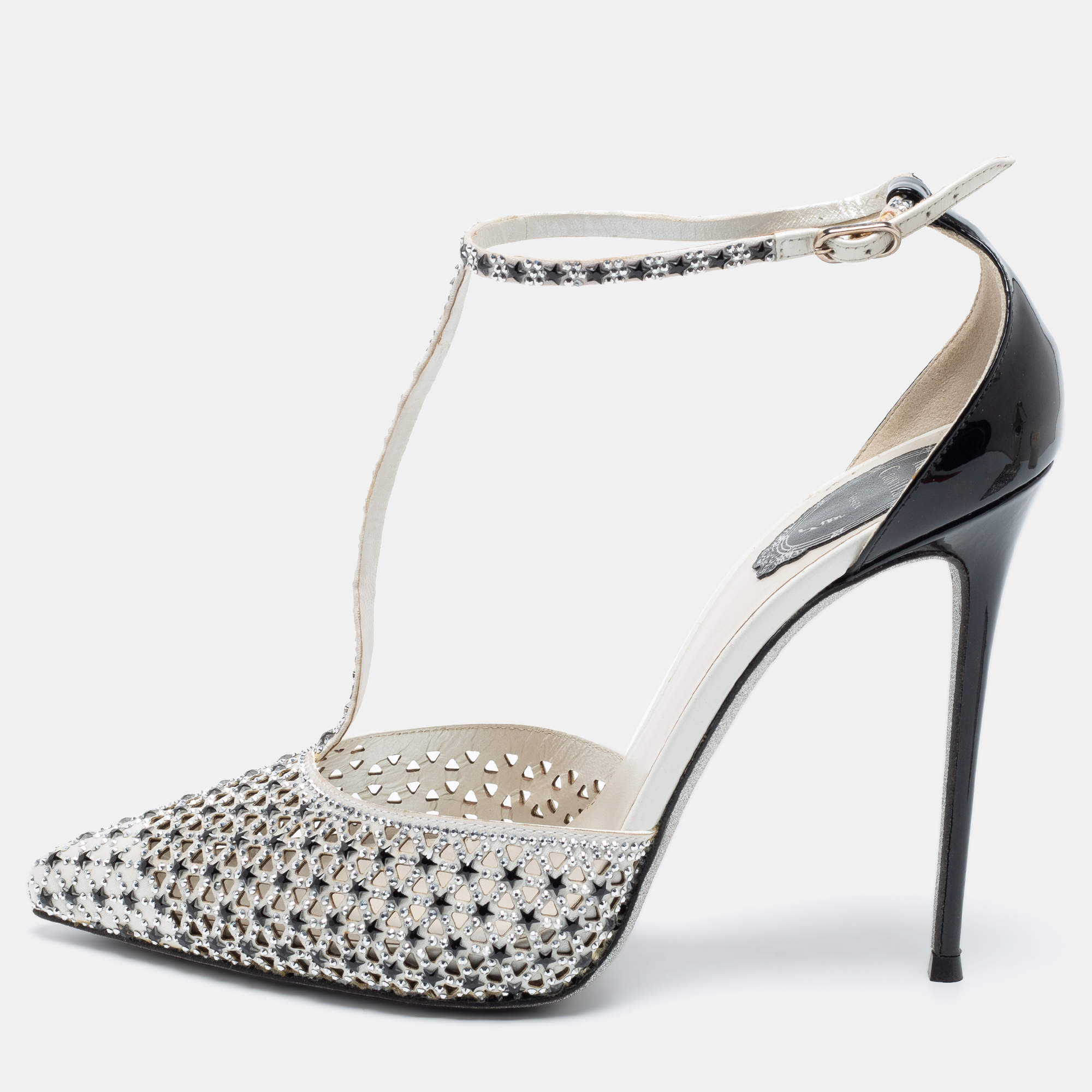 مملوكة مسبقًا Rene Caovilla Black/White Satin And Patent Leather Embellished Ankle Strap Sandals Size 41