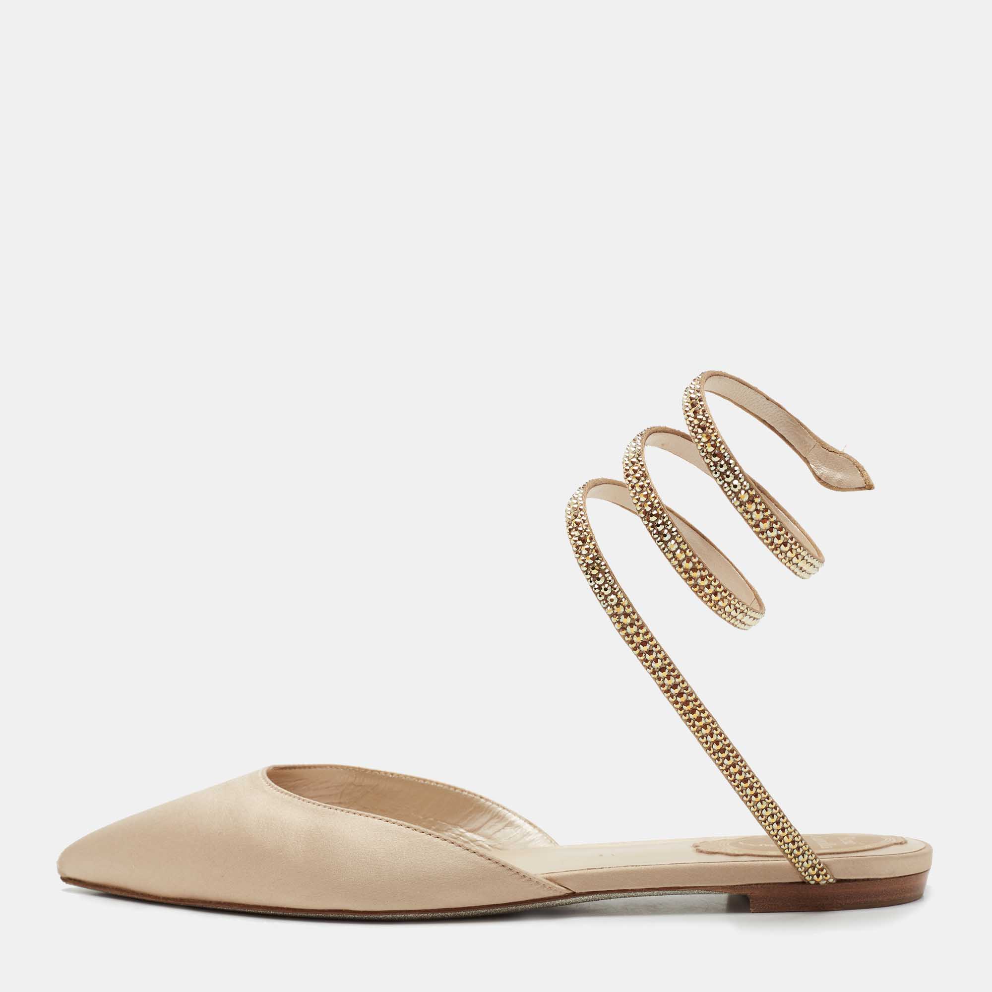 Pre Owned René Caovilla Beige Satin Crystal Embellished Flat Sandals Size 38