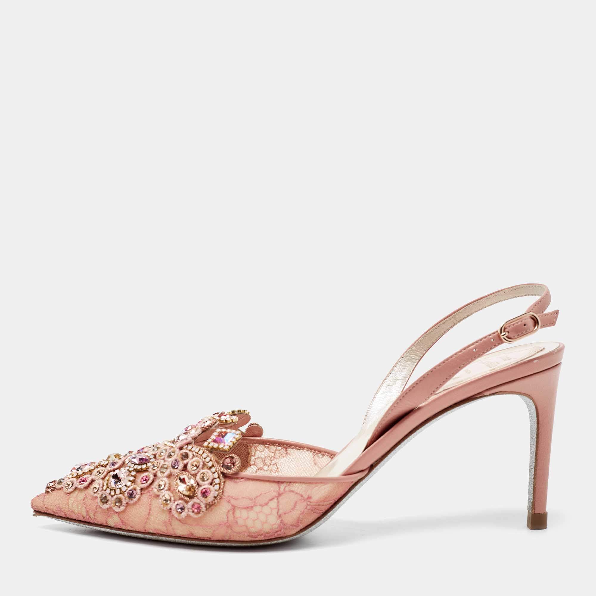 Pre Owned René Caovilla Rose Pink Lace And Leather Embellished Slingback Sandals Size 37