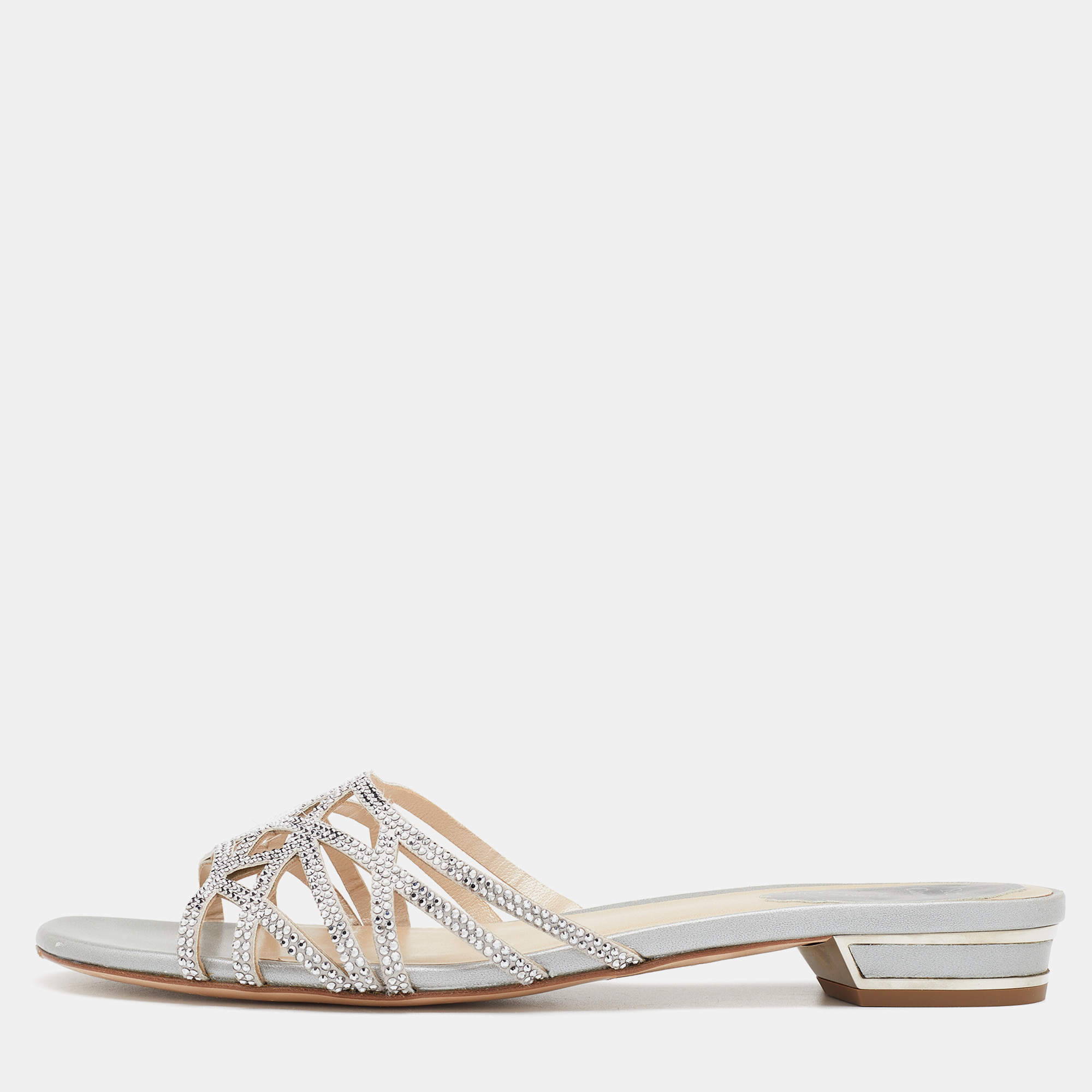 Rene Caovilla Light Grey Crystal Embellished Leather Strappy Flat Slides Size 38.5