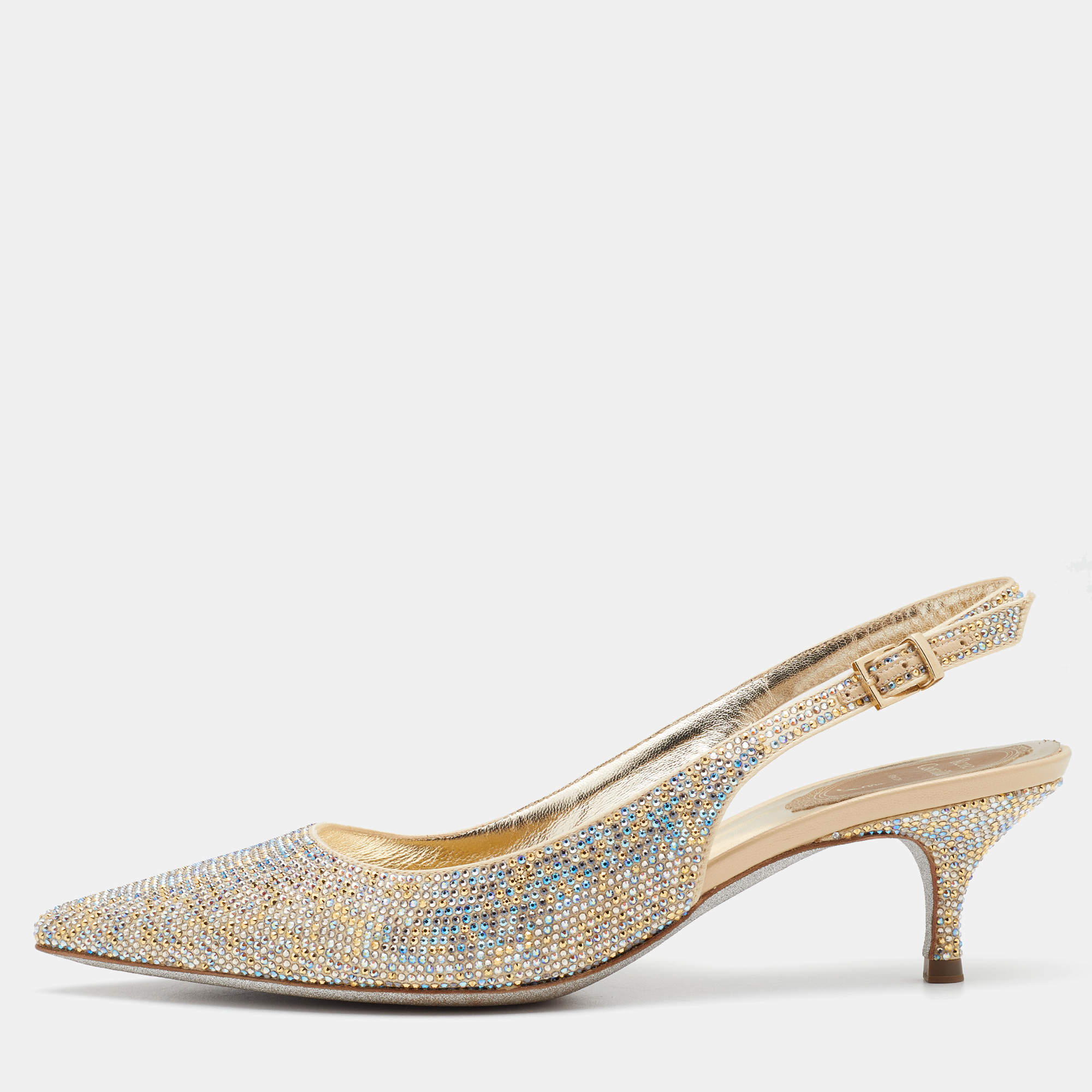 Pre Owned René Caovilla Metallic Crystal Embellished Satin Slingback Pumps Size 39