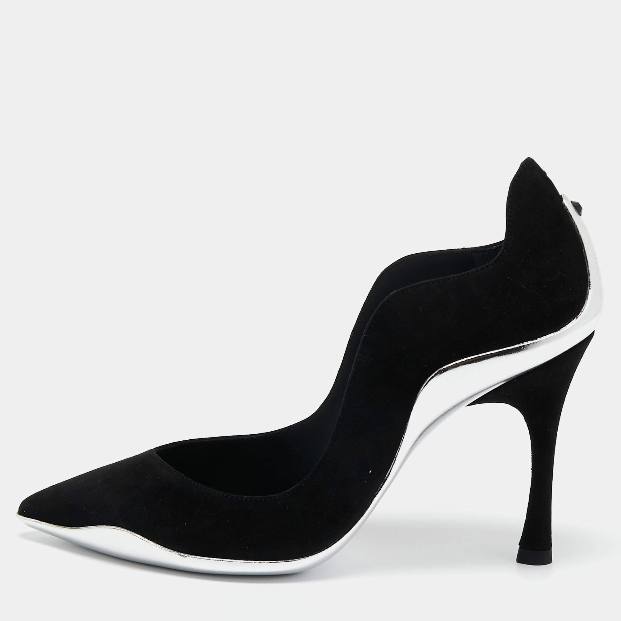 René Caovilla Black/Silver Suede and Leather Decollete Pumps Size 36