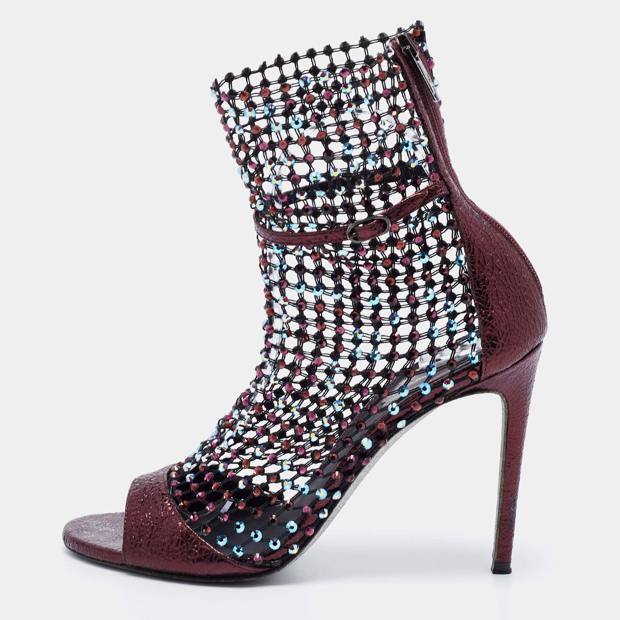 Rene Caovilla Metalic Red Texture Leather And Mesh Crystal Embellished Galaxia Sandals Size 38