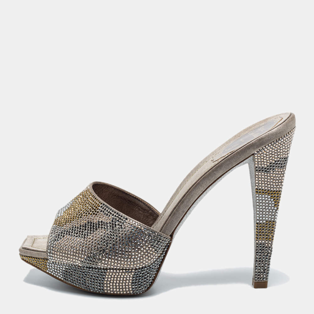 René Caovilla Grey Satin Crystal Embellishment Slides Size 40  