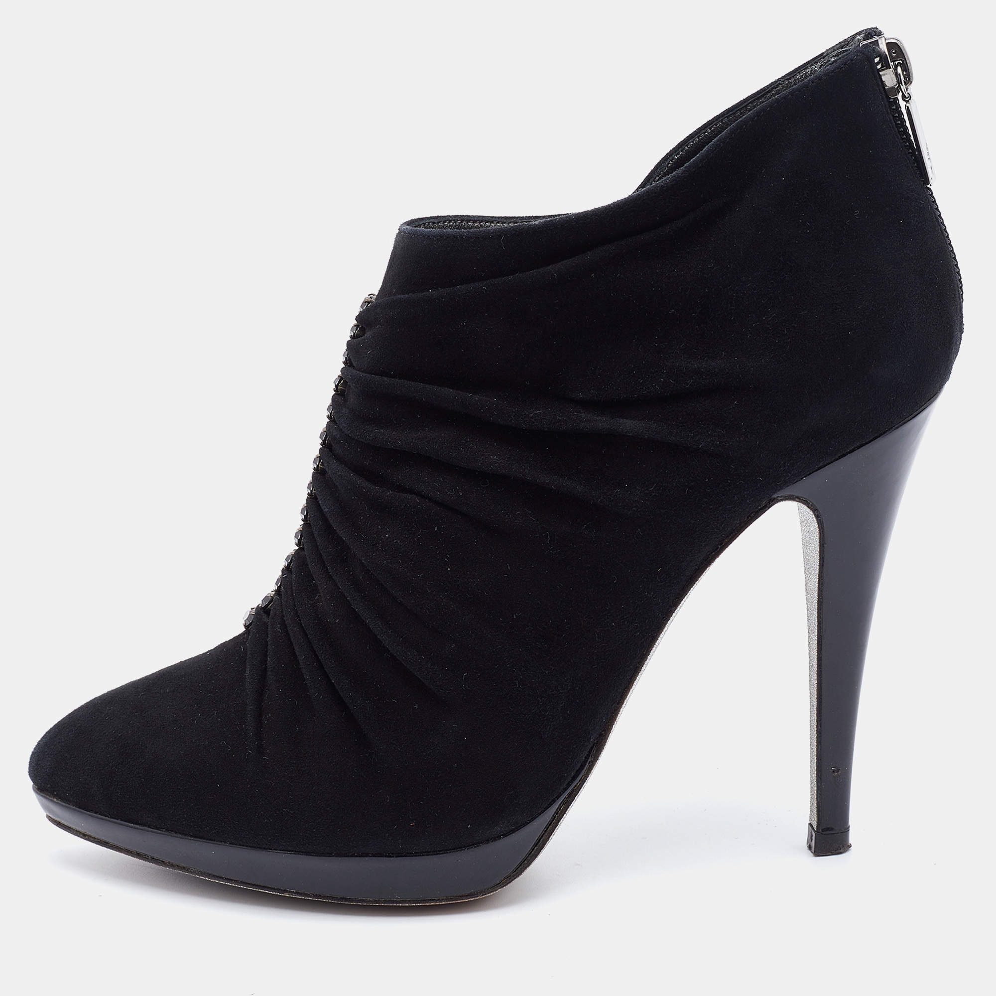 René Caovilla Black Suede Crystal embellished Ankle Length Boots Size 39