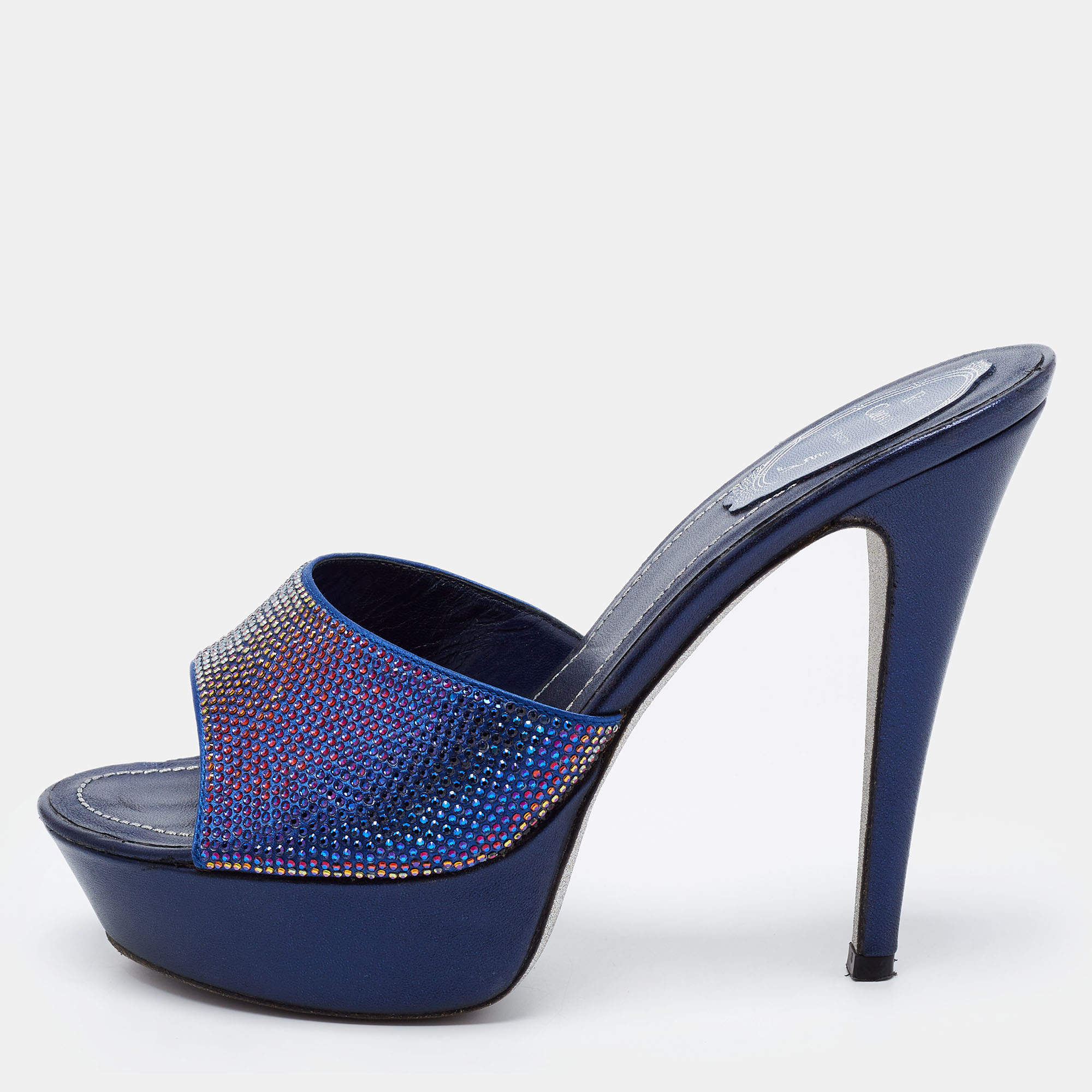 Pre Owned René Caovilla Navy Blue Satin and Leather Crystals Embellished Platform Sandals Size 38.5