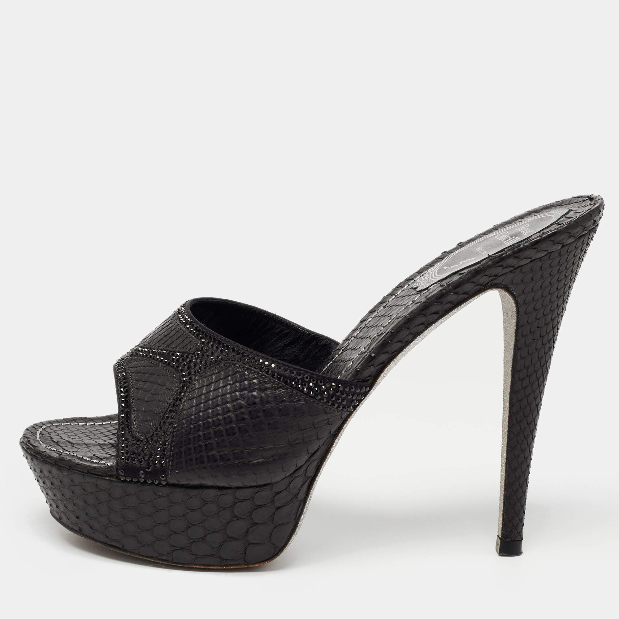 Rene Caovilla Black Watersnake Leather Crystals Embellished Sandals Size 37.5