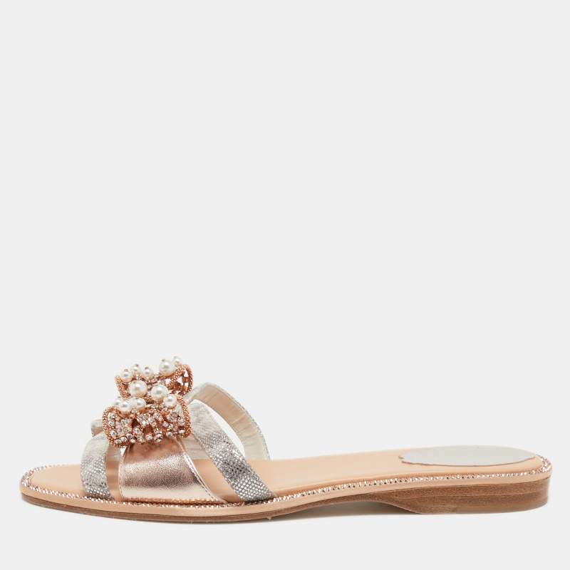 Rene Caovilla Metallic Leather Crystal and Pearl Embellished Bow Flat Slides Size 38