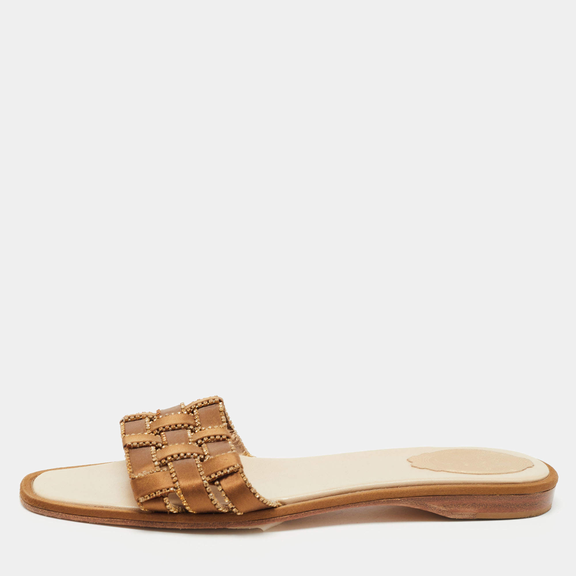 Rene Caovilla Metallic Brown Woven Satin Crystal Embellished Flat Slides Size 40