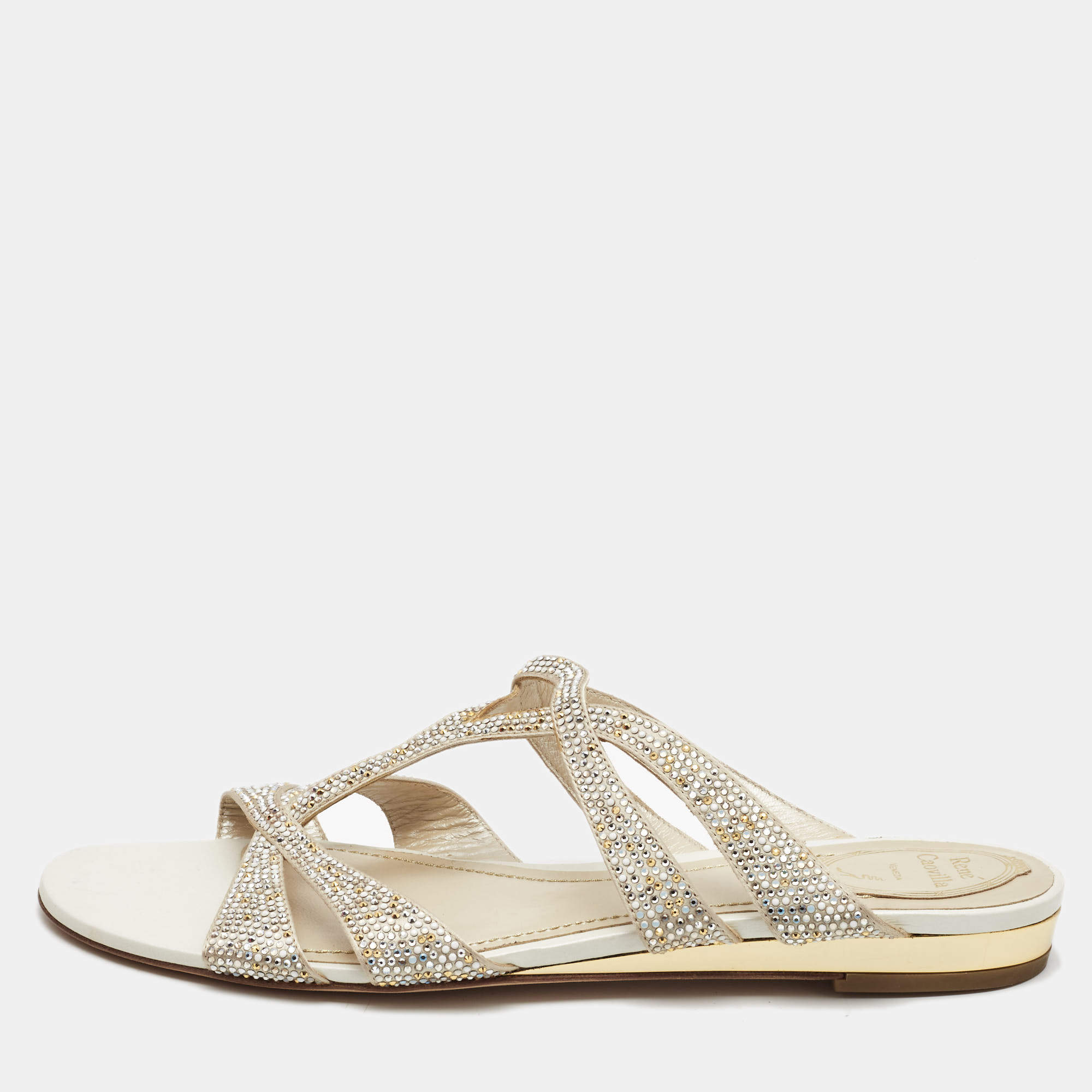 Pre Owned Rene Caovilla White Satin and Leather Embellished Flat Slides Size 41