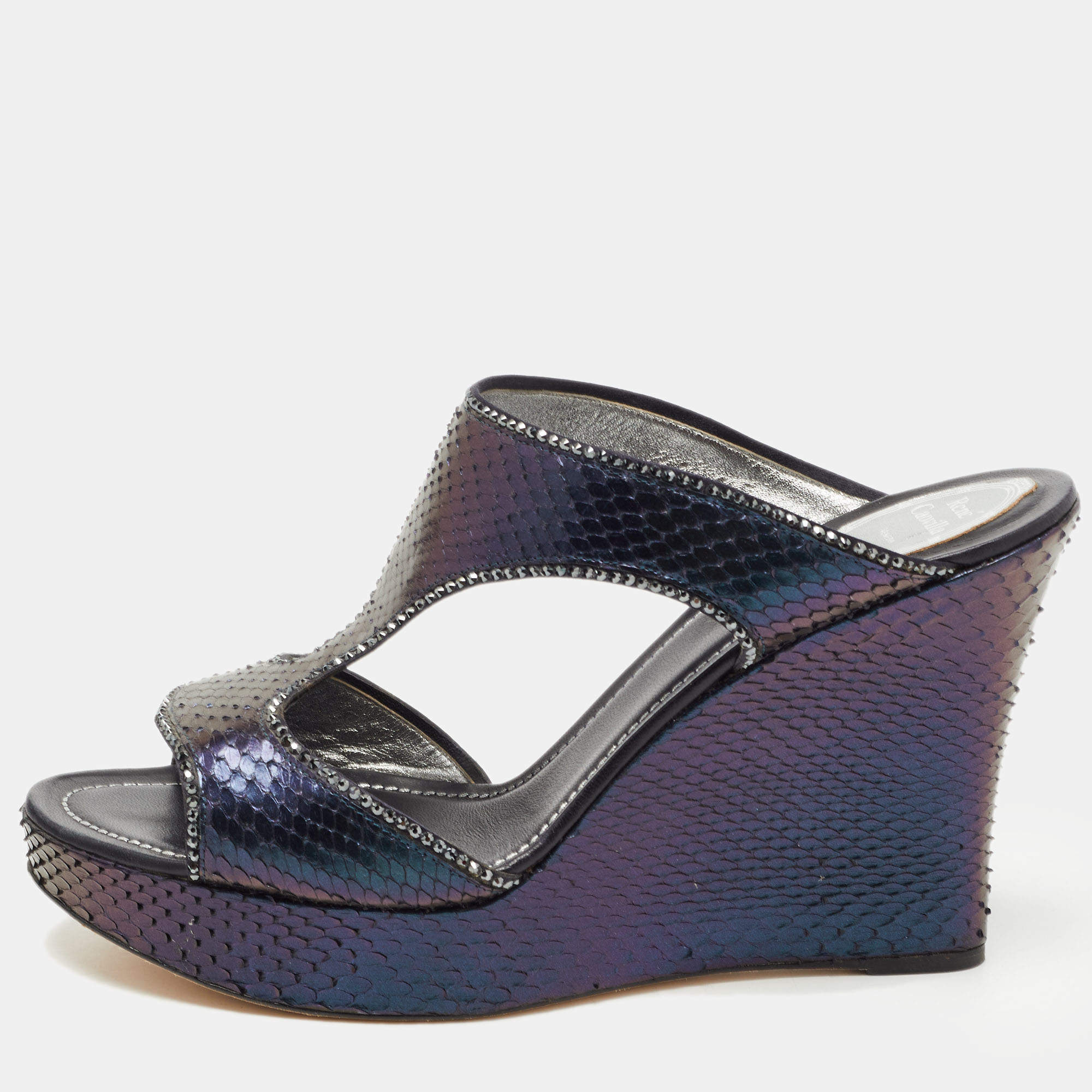 René Caovilla Two Tone Python Crystal Embellished Wedge Sandals Size 41
