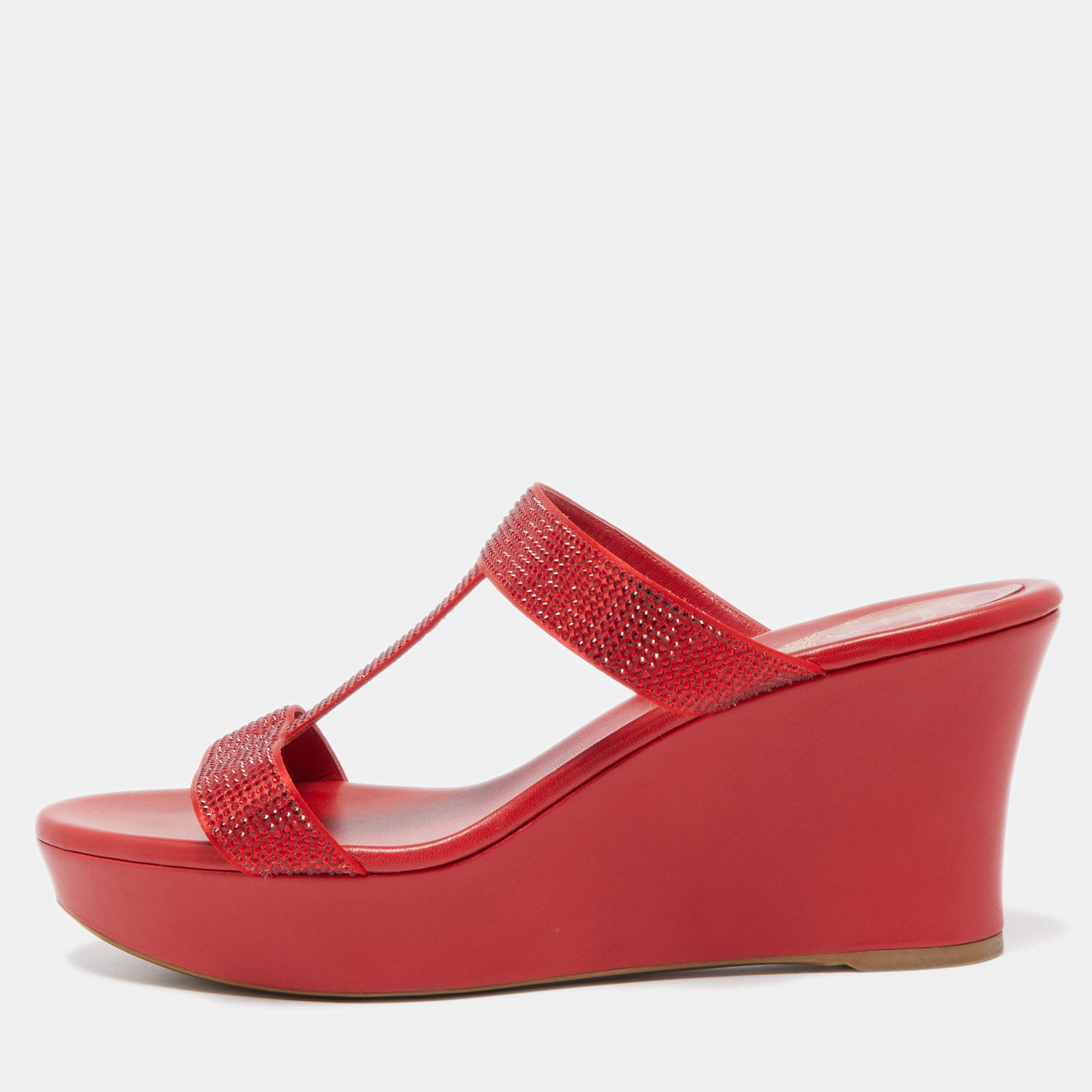 René Caovilla Red Crystal Embellished Satin Wedge Platform Sandals Size 41
