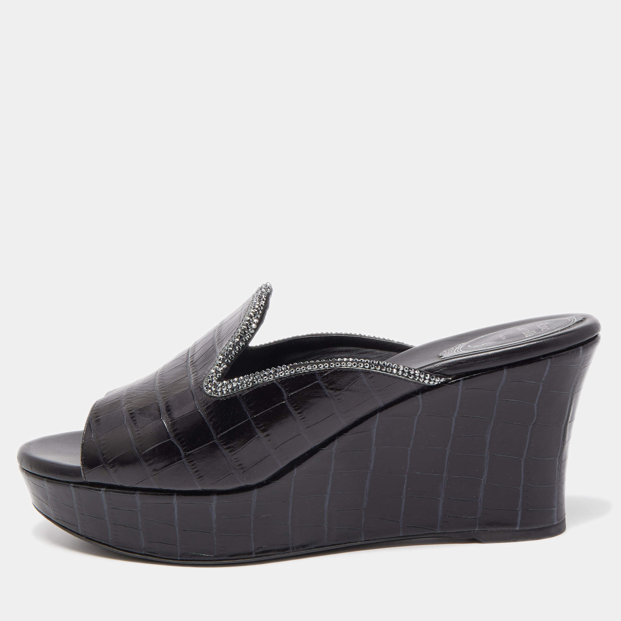René Caovilla Black Croc Embossed Leather Crystal Embellished Platform Wedge Slide Sandals Size 40