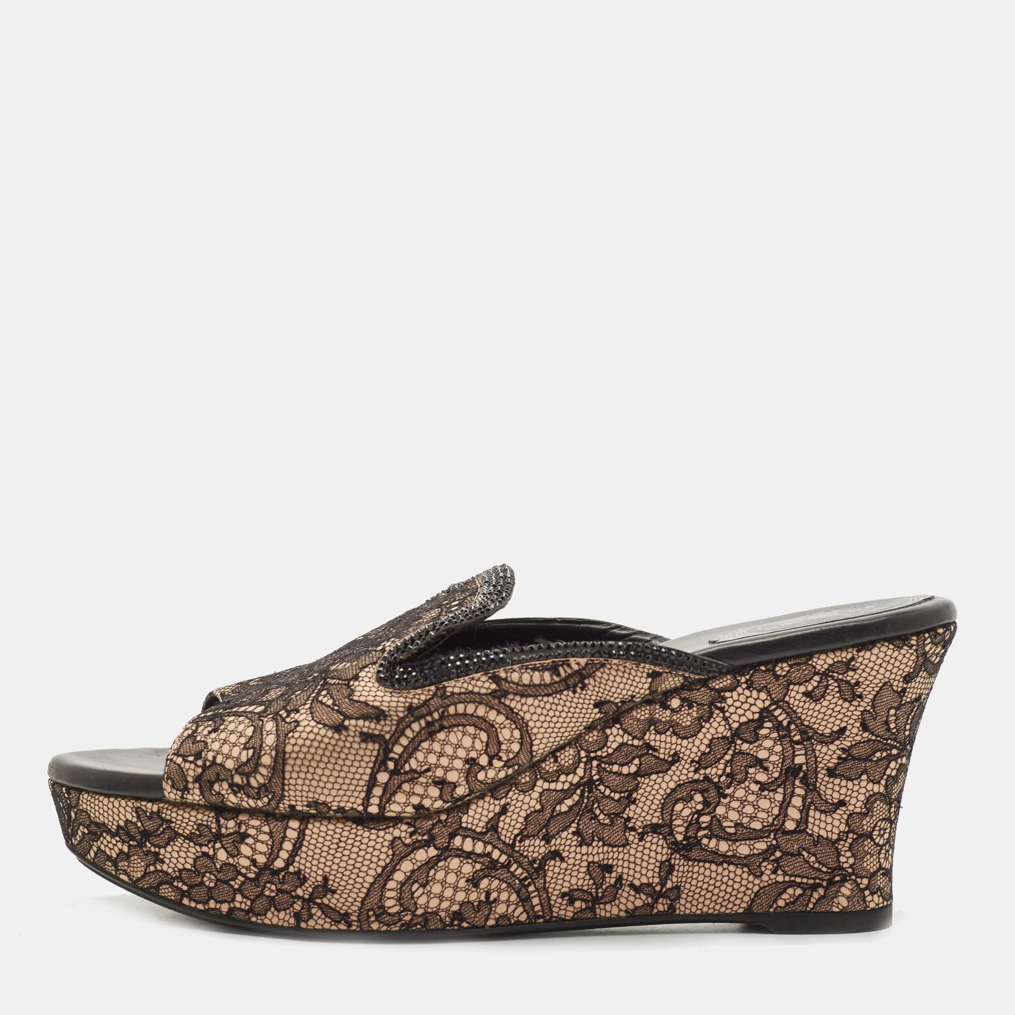 Pre Owned René Caovilla Black/Beige Mesh and Satin Wedge Sandals Size 39