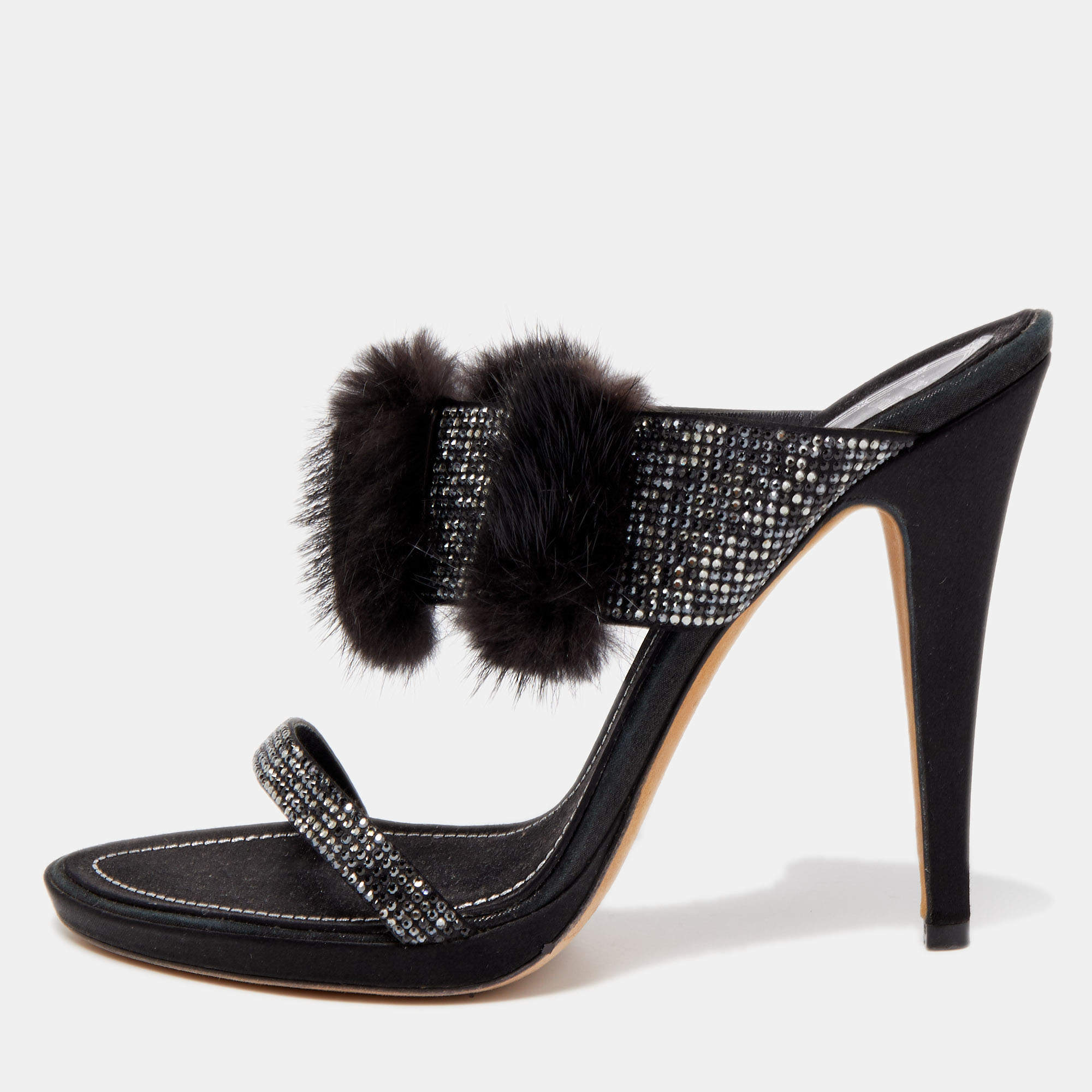 René Caovilla Black Crystal Embellished Satin and Fur Slide Sandals Size 41 