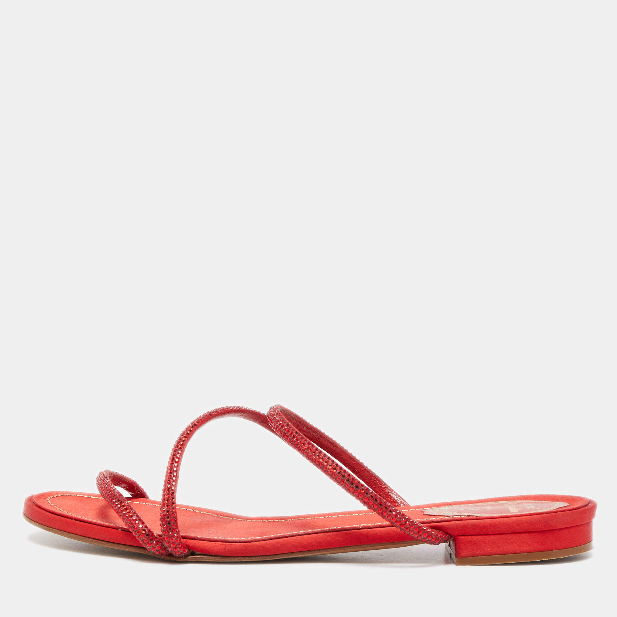 Pre Owned René Caovilla Red Crystal Embellished Satin Strappy Flats Size 39