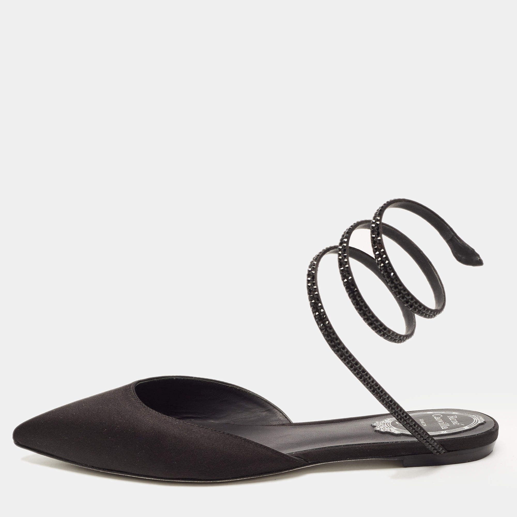 مملوكة مسبقًا René Caovilla Black Satin Ankle Wrap Flat Mule Sandals Size 38