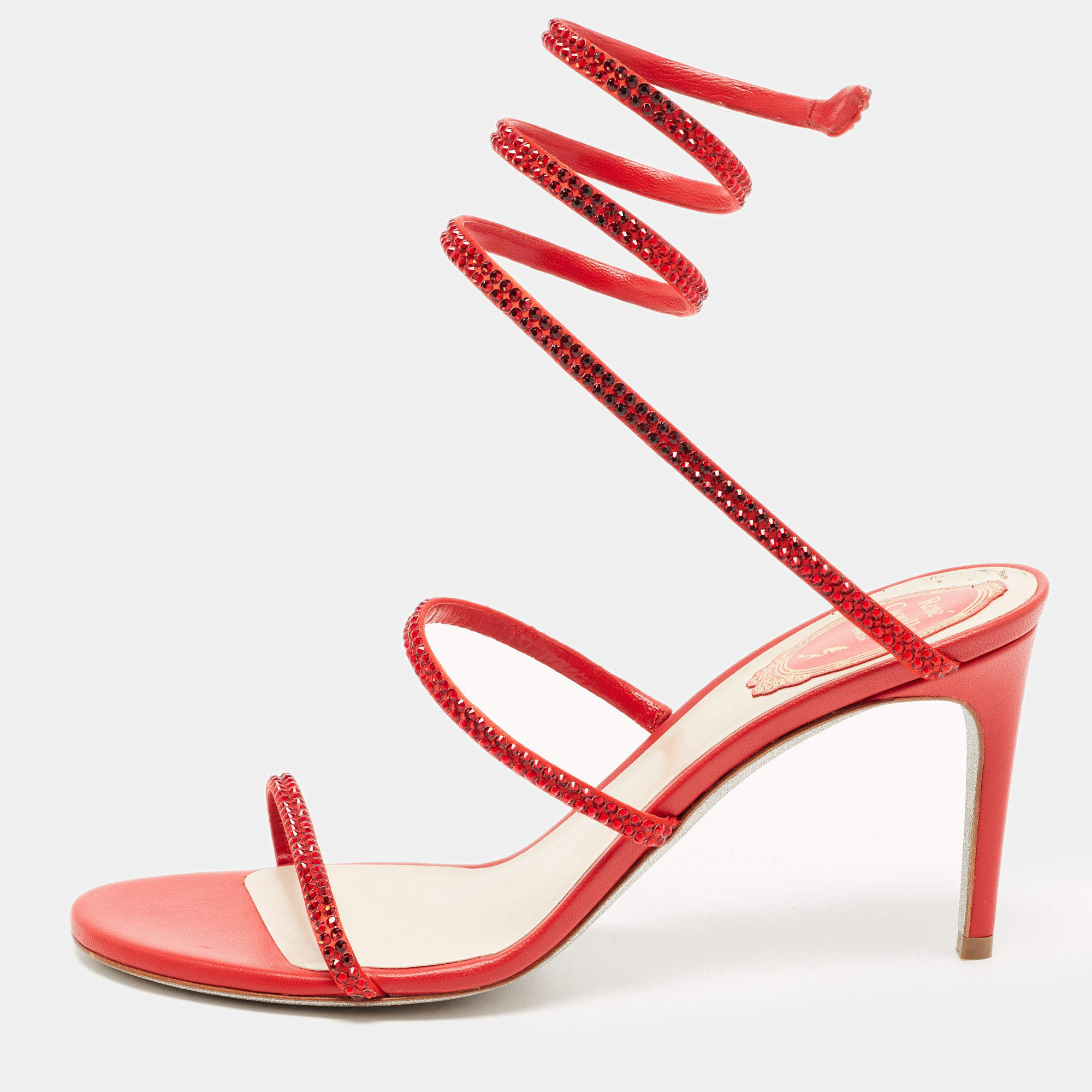 Pre Owned René Caovilla Red Leather Crystal Cleo Sandals Size 39