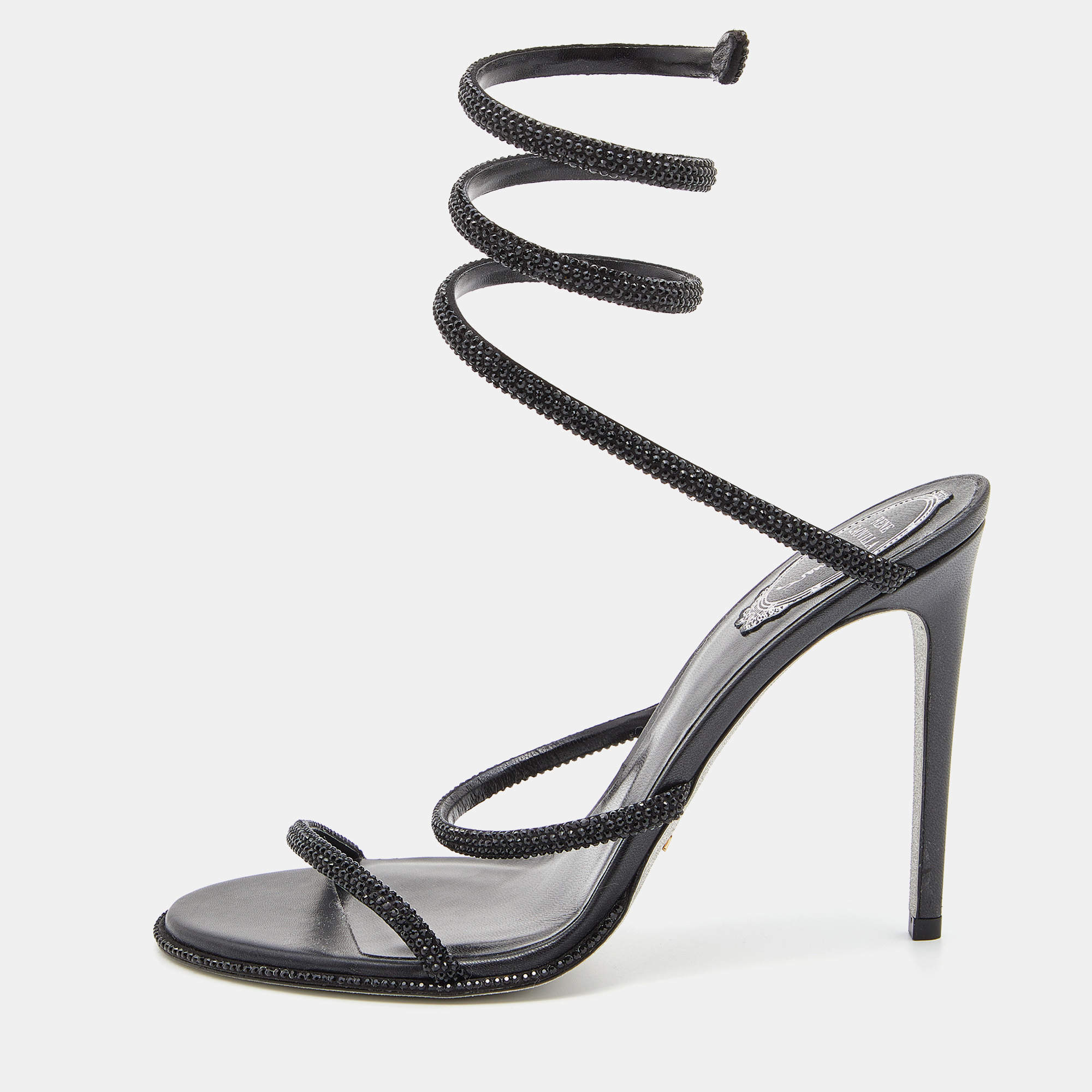 Rene Caovilla Black Leather Crystal Embellished Cleo Ankle Wrap Sandals Size 40