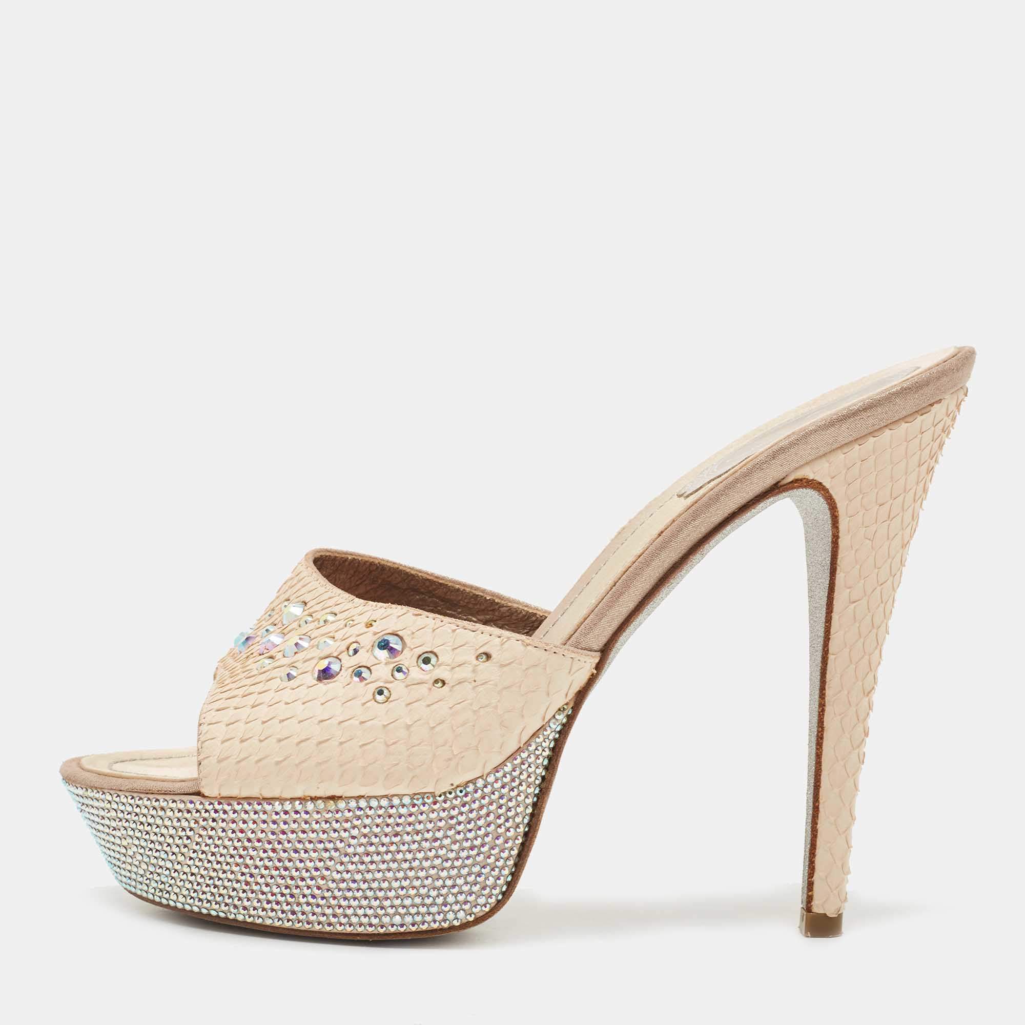 René Caovilla Beige Python Crystal Embellishment Slide Sandals Size 38