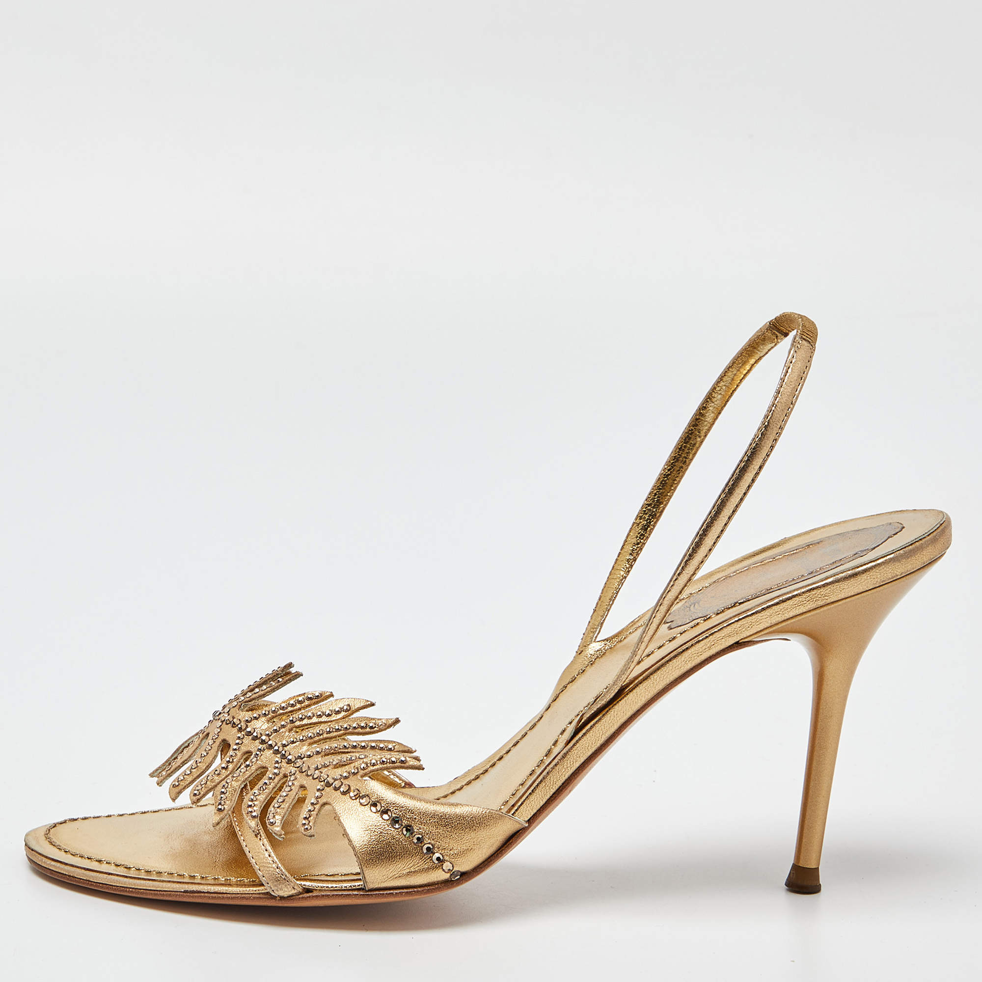 Pre Owned René Caovilla Metallic Gold Leather Crystal Embellished Slingback Sandals Size 39.5