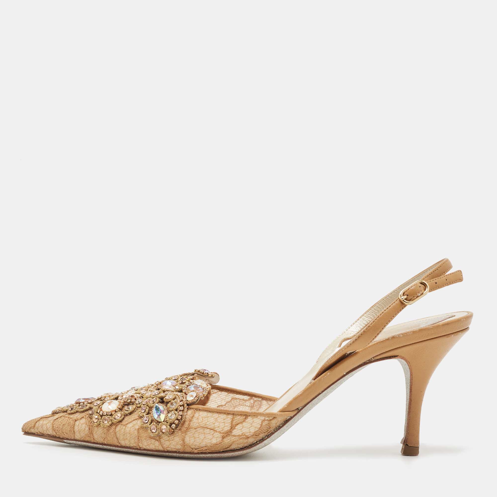 Rene Caovilla Brown Leather and Lace Crystal Embellished Slingback Pumps Size 38.5