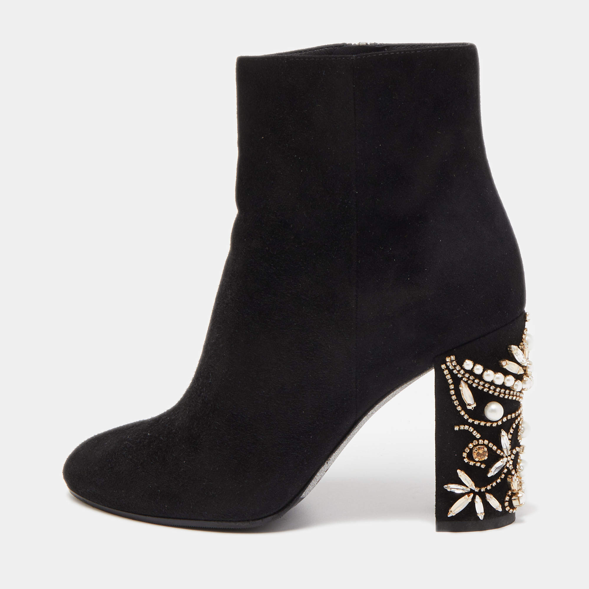 René Caovilla Black Suede Crystal Embellished Block Heel Ankle Booties Size 36.5
