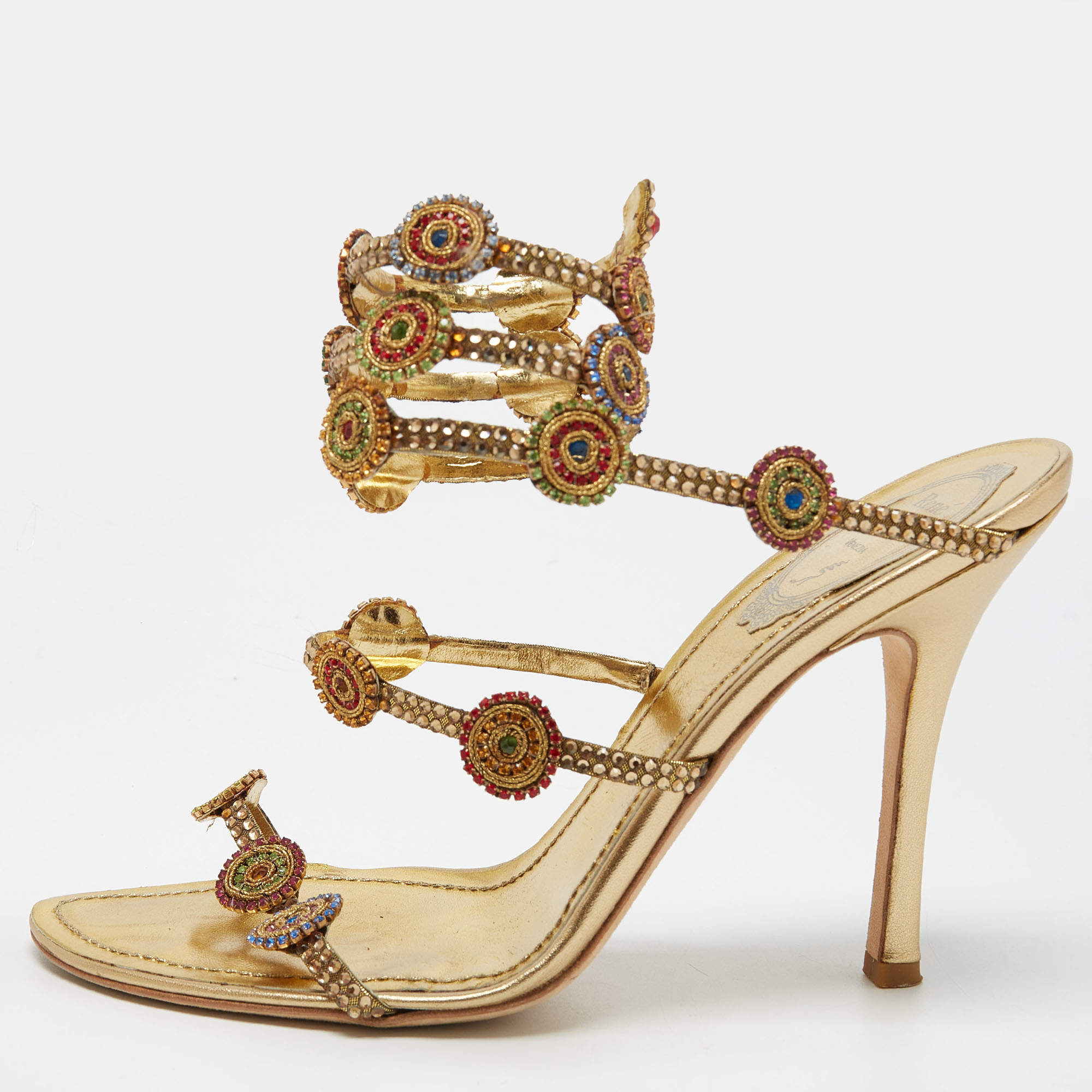Pre Owned René Caovilla Gold Crystal Embellished Leather Strappy Ankle Wrap Sandals Size 38.5