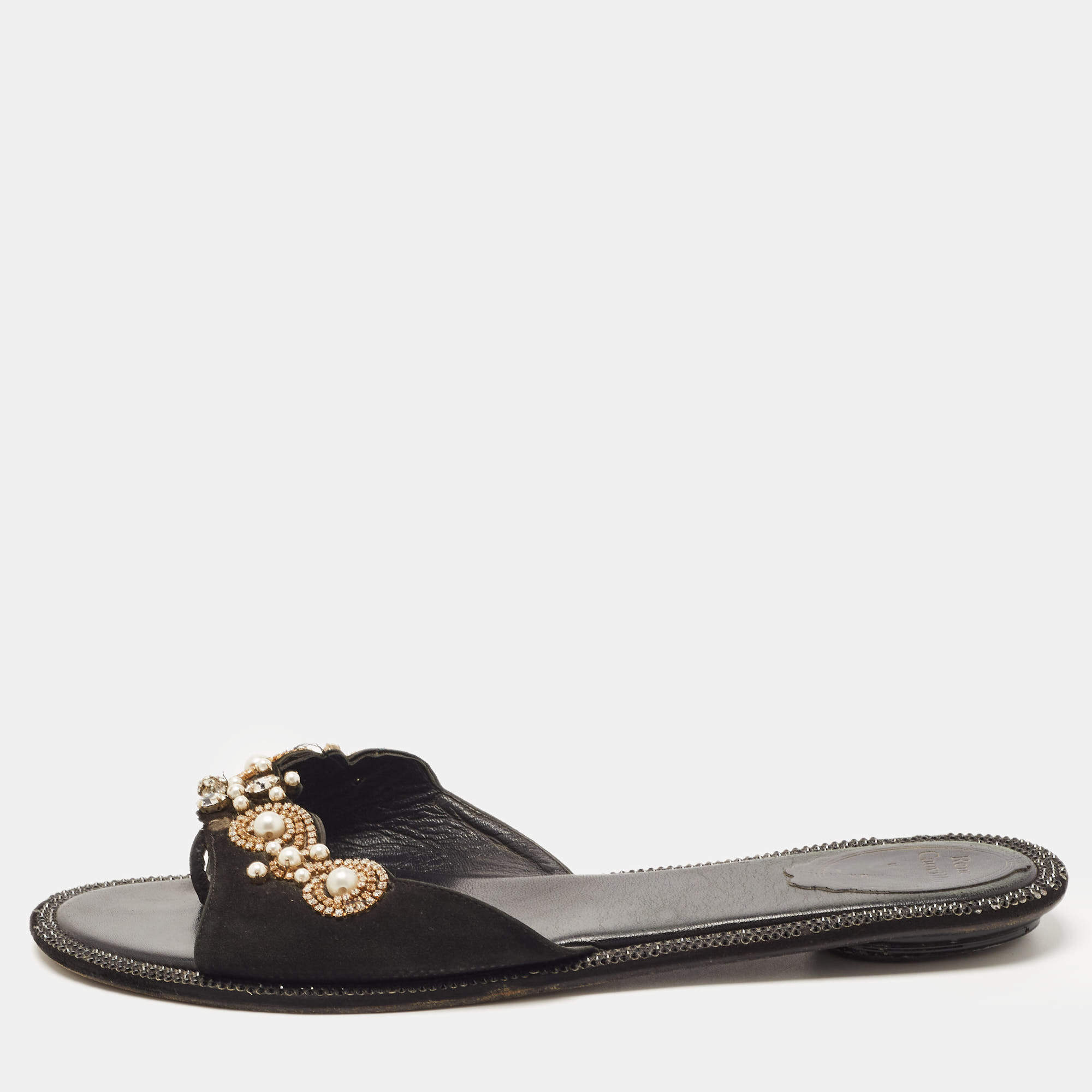 Rene Caovilla Black Suede Crystal Embellished Flat Slides Size 40