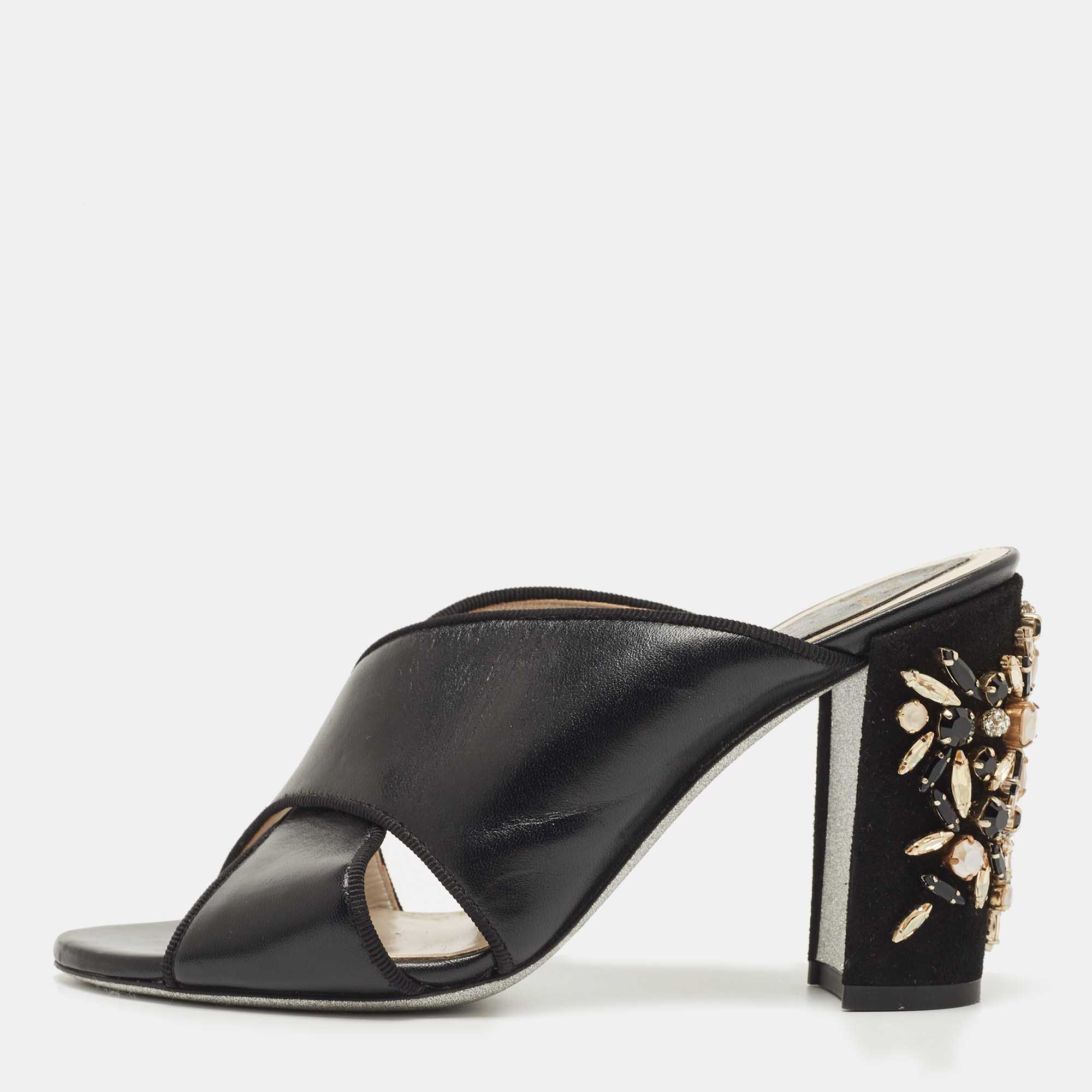 Pre Owned Rene Caovilla Black Leather and Suede Crystal Embellished Block Heel Sandals Size 37