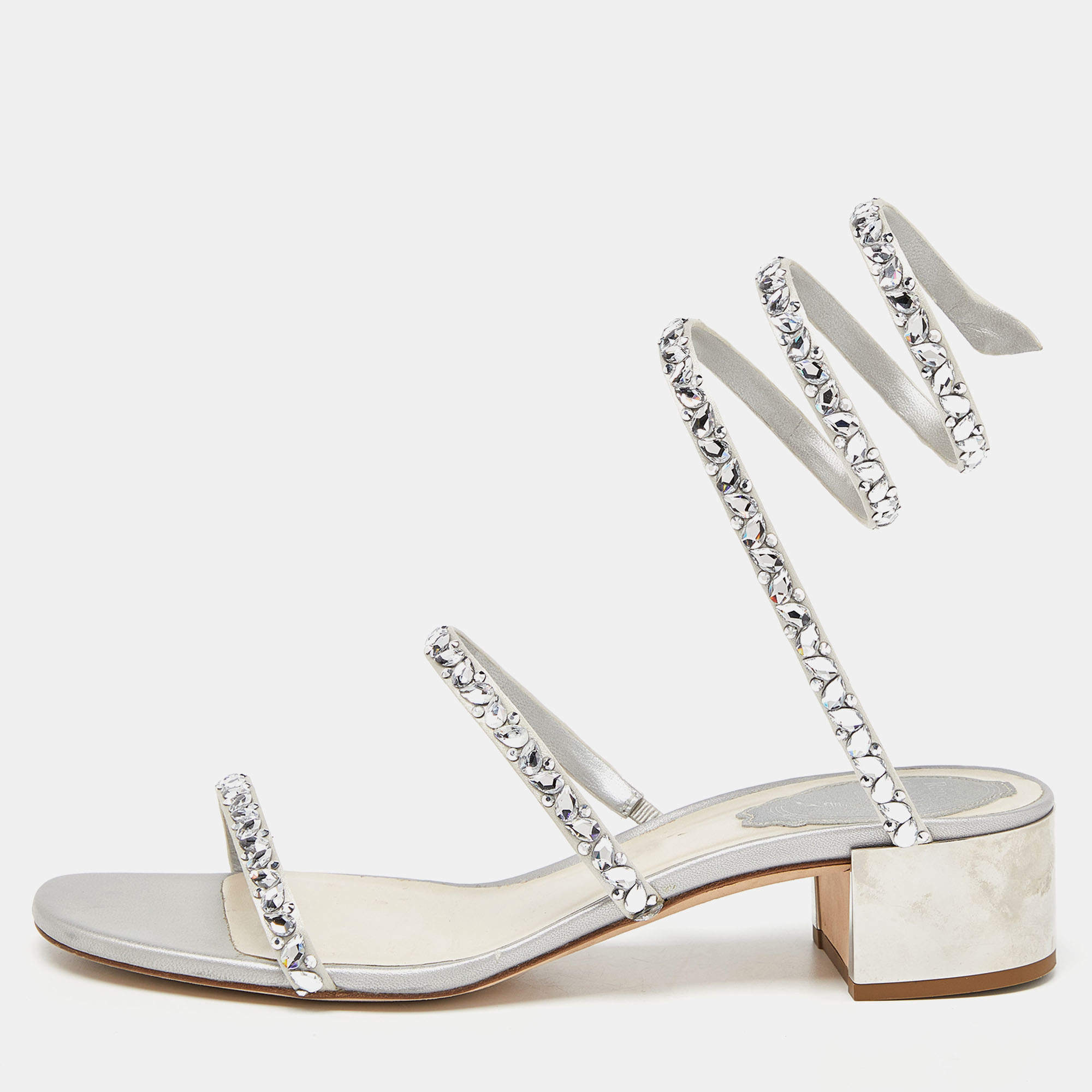 Pre Owned René Caovilla Silver Crystal Embellished Satin Cleo Sandals Size 36