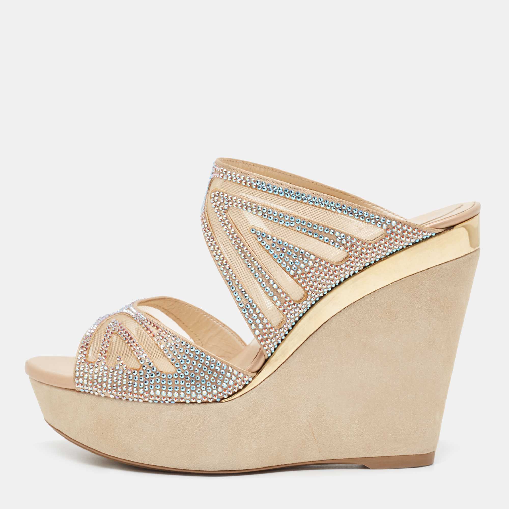Pre Owned René Caovilla Beige Crystal Embellished Satin Wedge Platform Slide Sandals Size 36