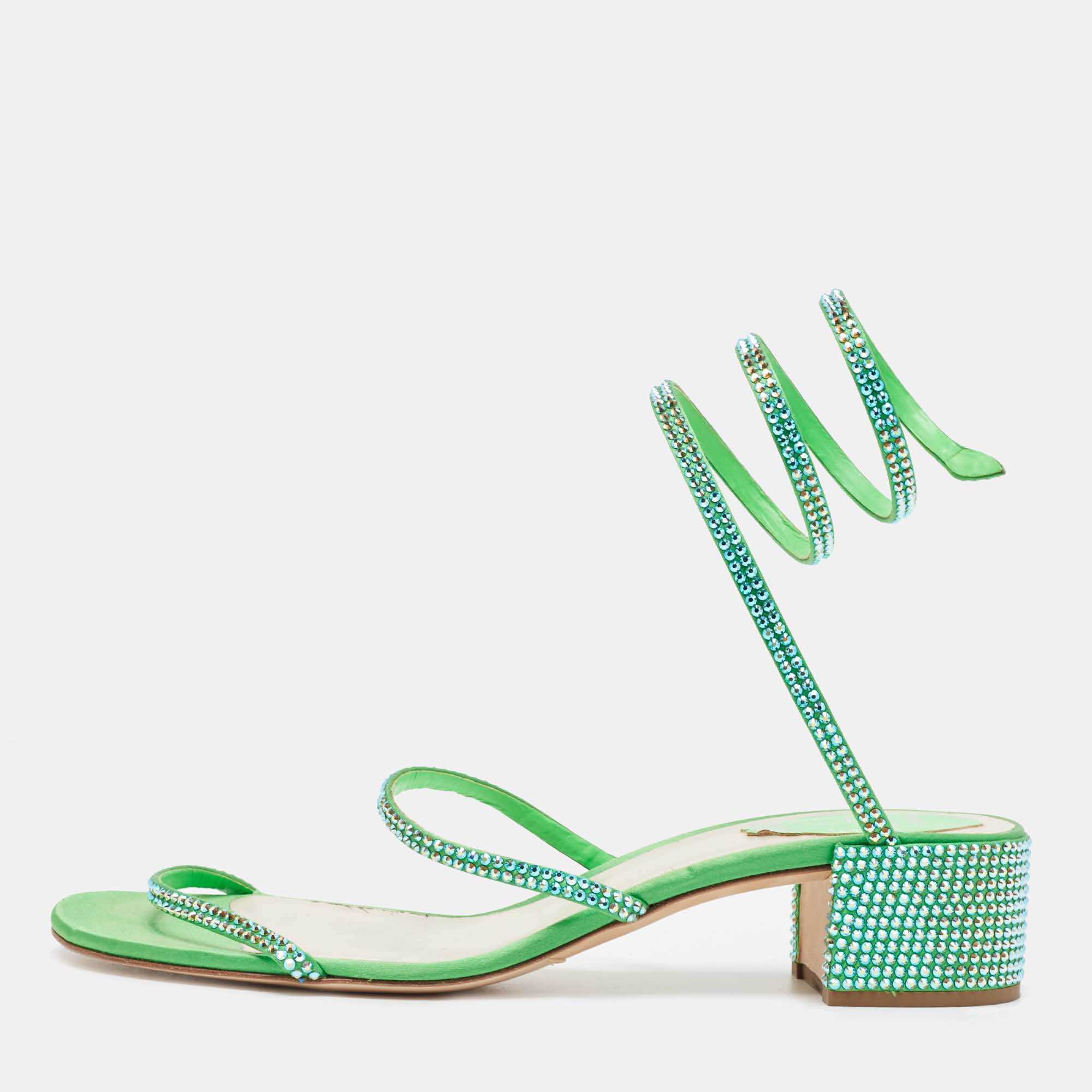 Pre Owned Rene Caovilla Green Crystal Embellished Satin Cleo Sandals Size 40