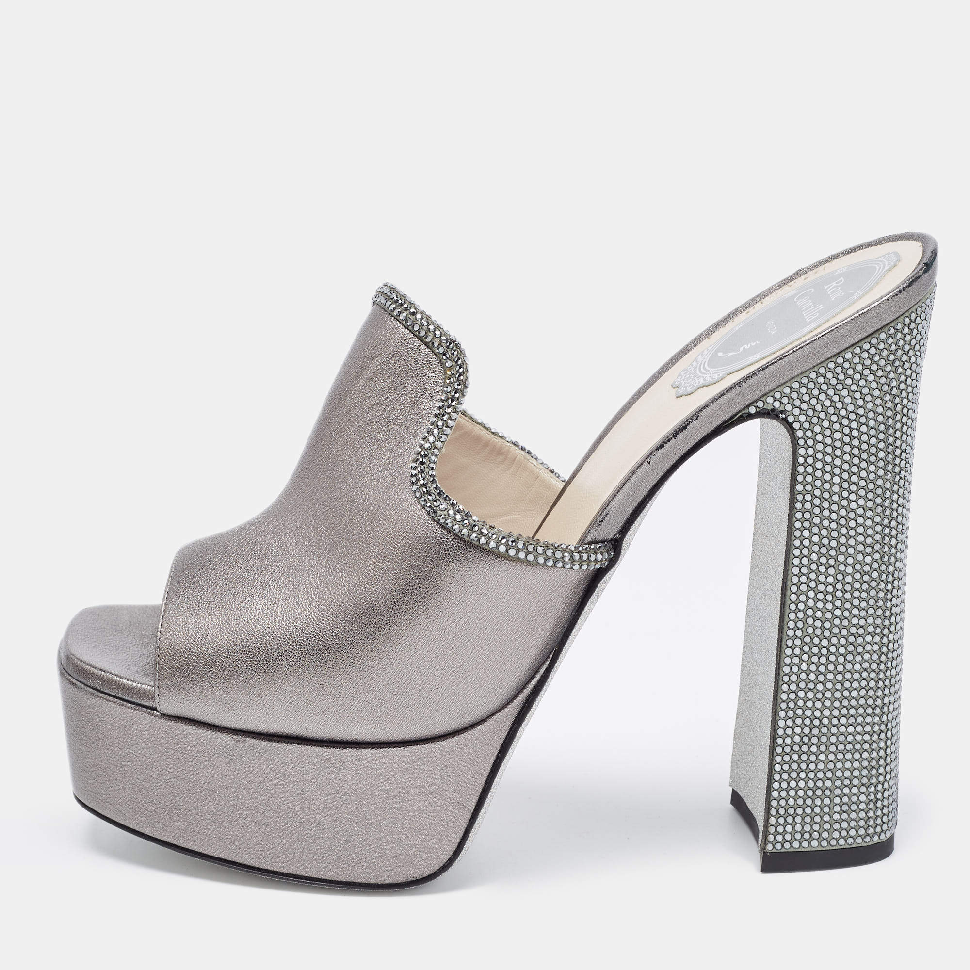 Pre Owned Rene Caovilla Metallic Grey Leather Slide Sandals Size 40