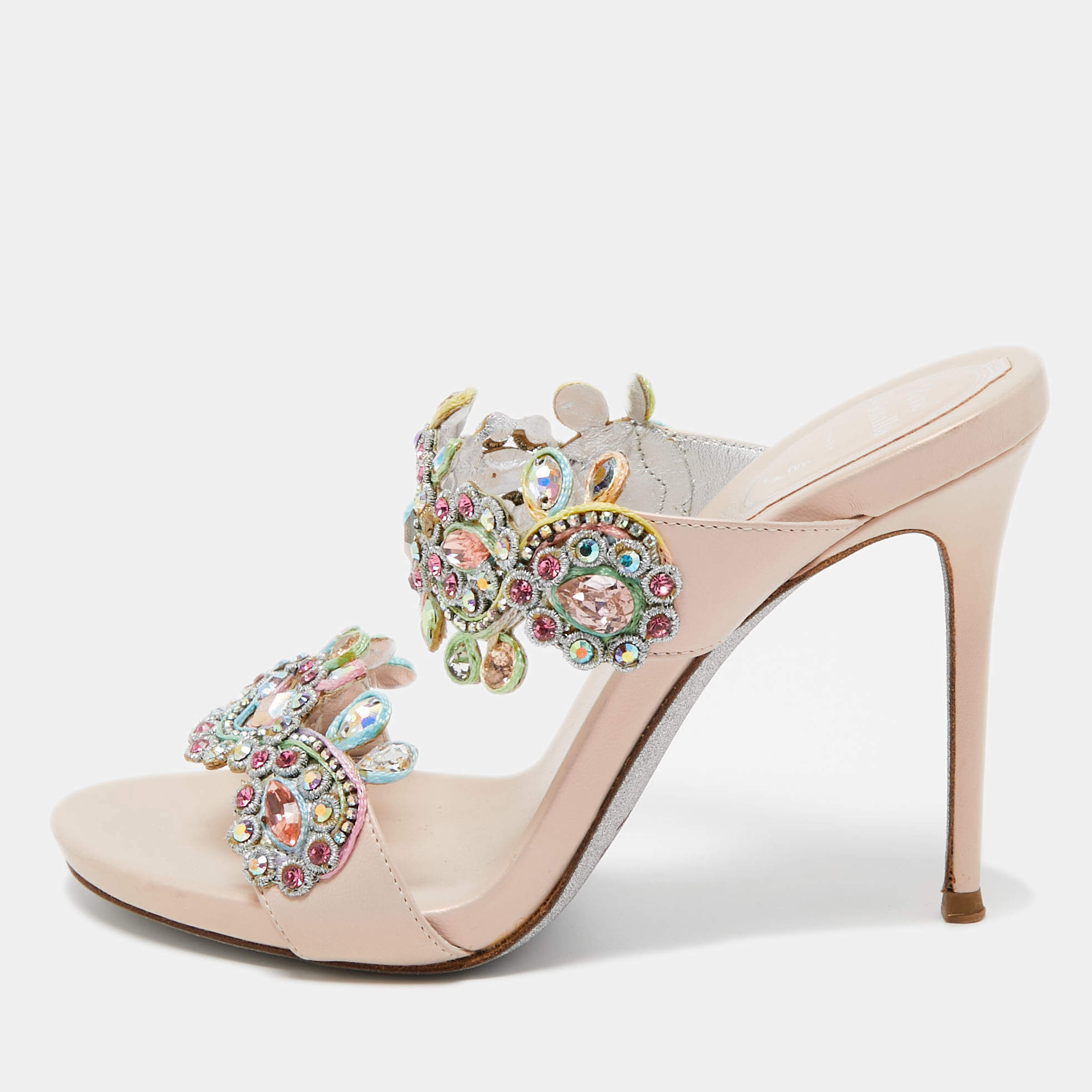 Pre Owned René Caovilla Metallic Pink Leather and Crystal Embellished Lace Slide Sandals Size 36