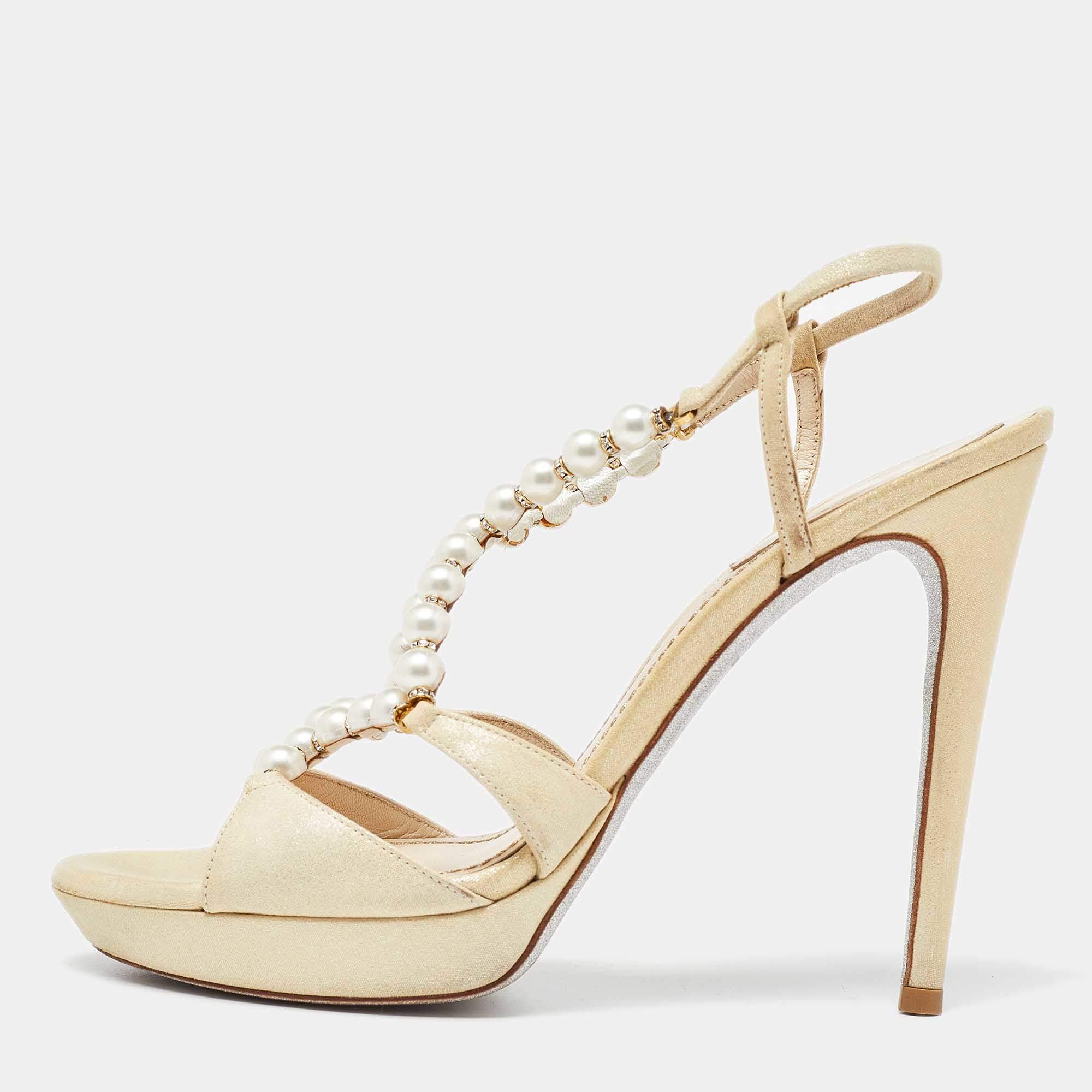 Pre Owned Rene Caovilla Beige Canvas Pearl T Strap Sandals Size 37