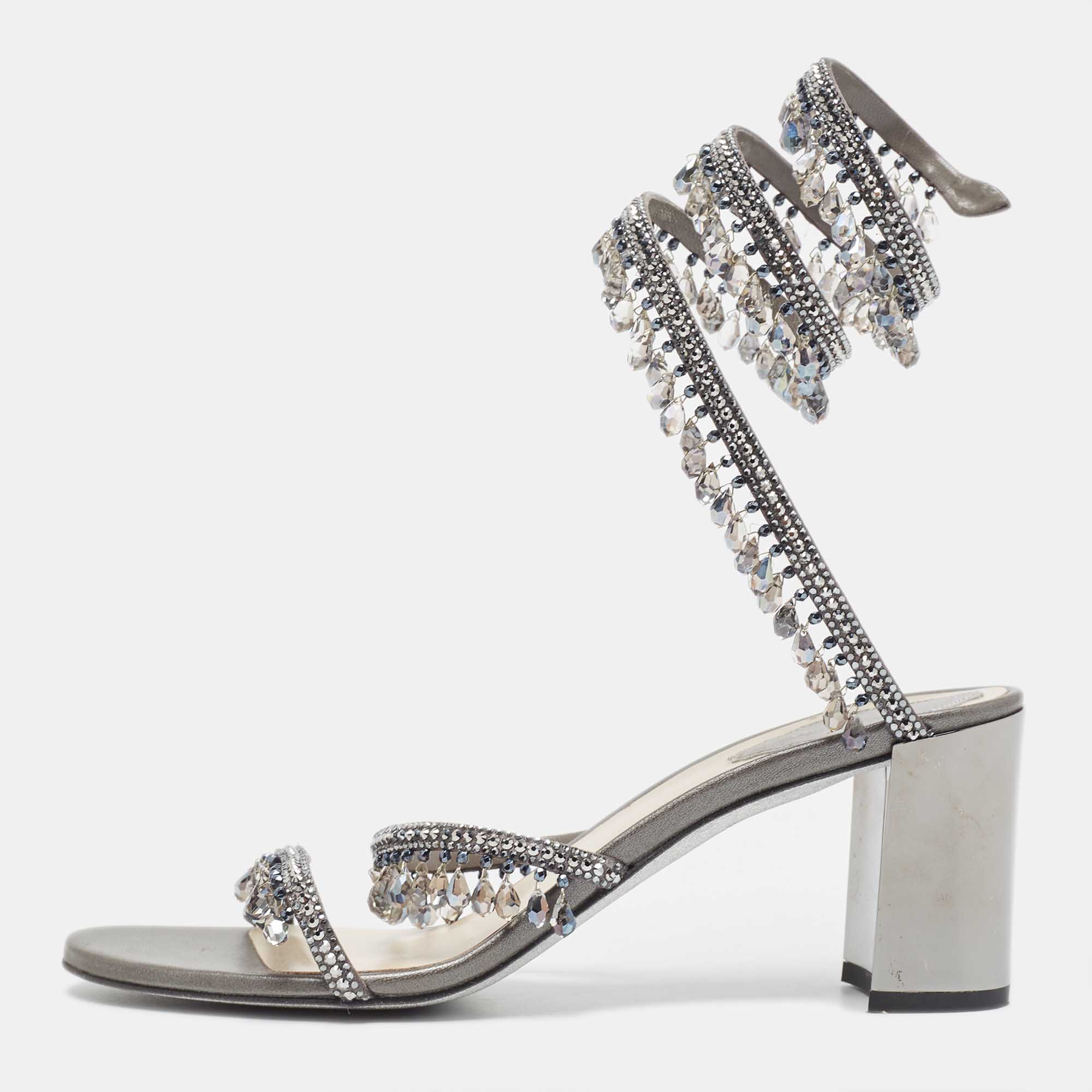 Rene Caovilla Metallic Grey Leather Cleo Chandelier Ankle Wrap Sandals Size 39