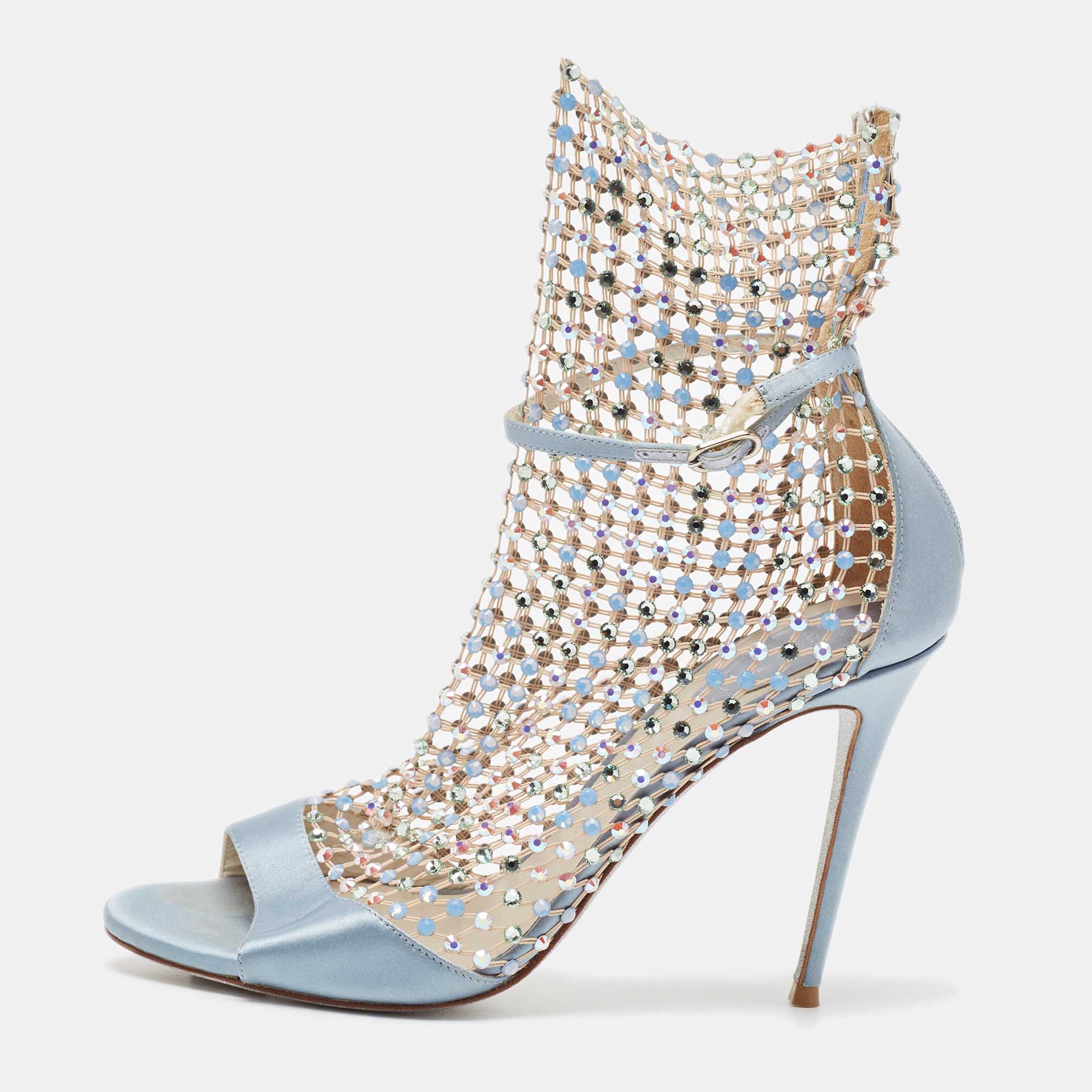 مملوكة مسبقًا René Caovilla Blue Satin and Crystal Embellished Mesh Galaxia Sandals Size 39