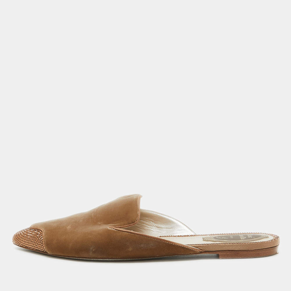 René Caovilla Brown Velvet Crystal Embellished Flat Mules Size 39