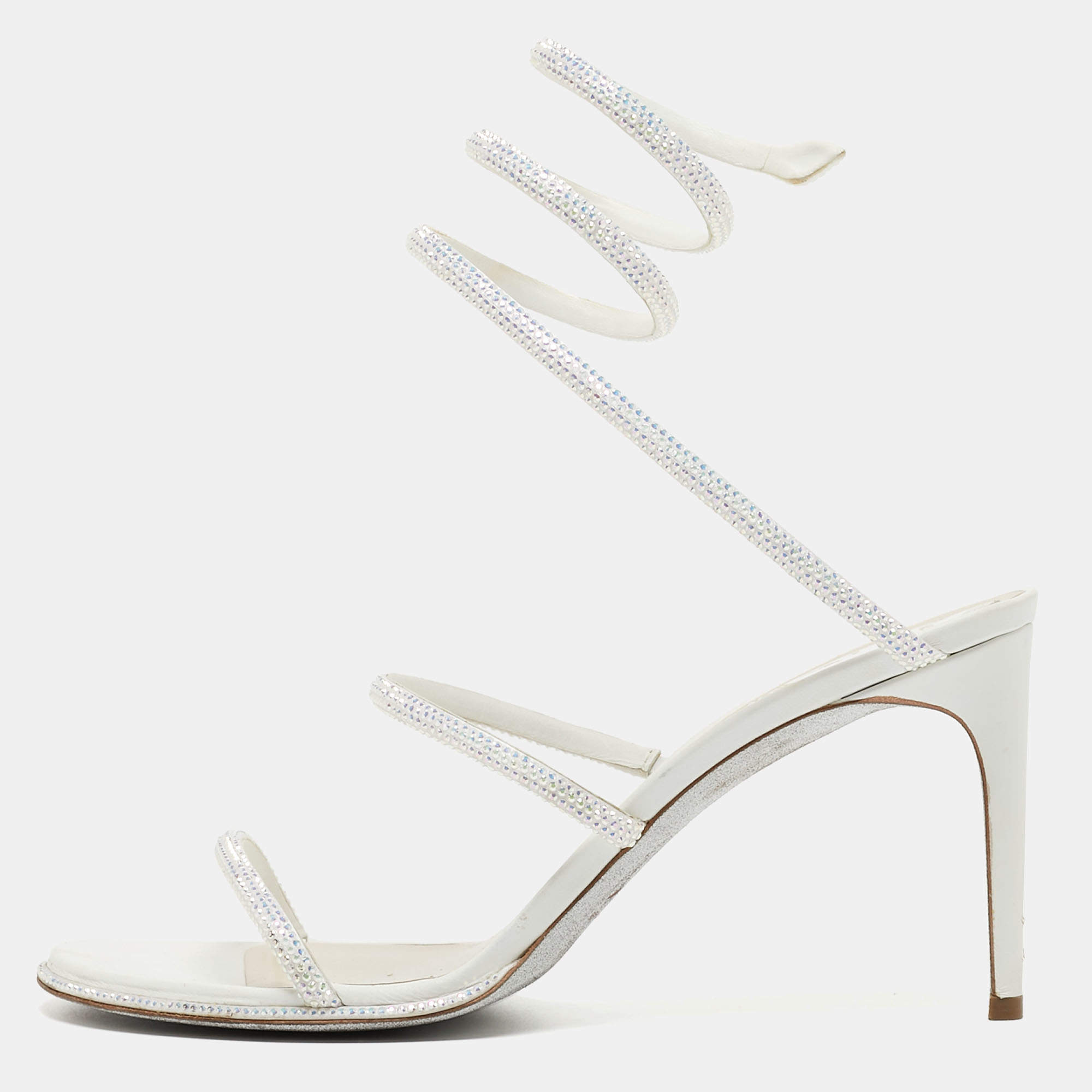 Pre Owned Rene Caovilla White Leather Crystal Embellished Ankle Wrap Sandals Size 41