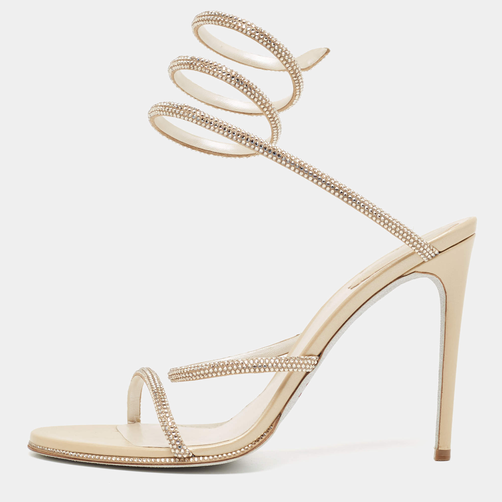 Pre Owned René Caovilla Gold Leather Crystal Embellished Cleo Ankle Strap Sandals Size 41