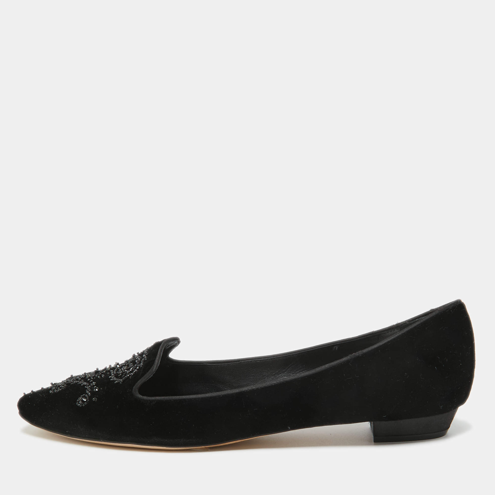 Pre Owned René Caovilla Black Velvet Crystal Embellished Slip On Smoking Slippers Size 41