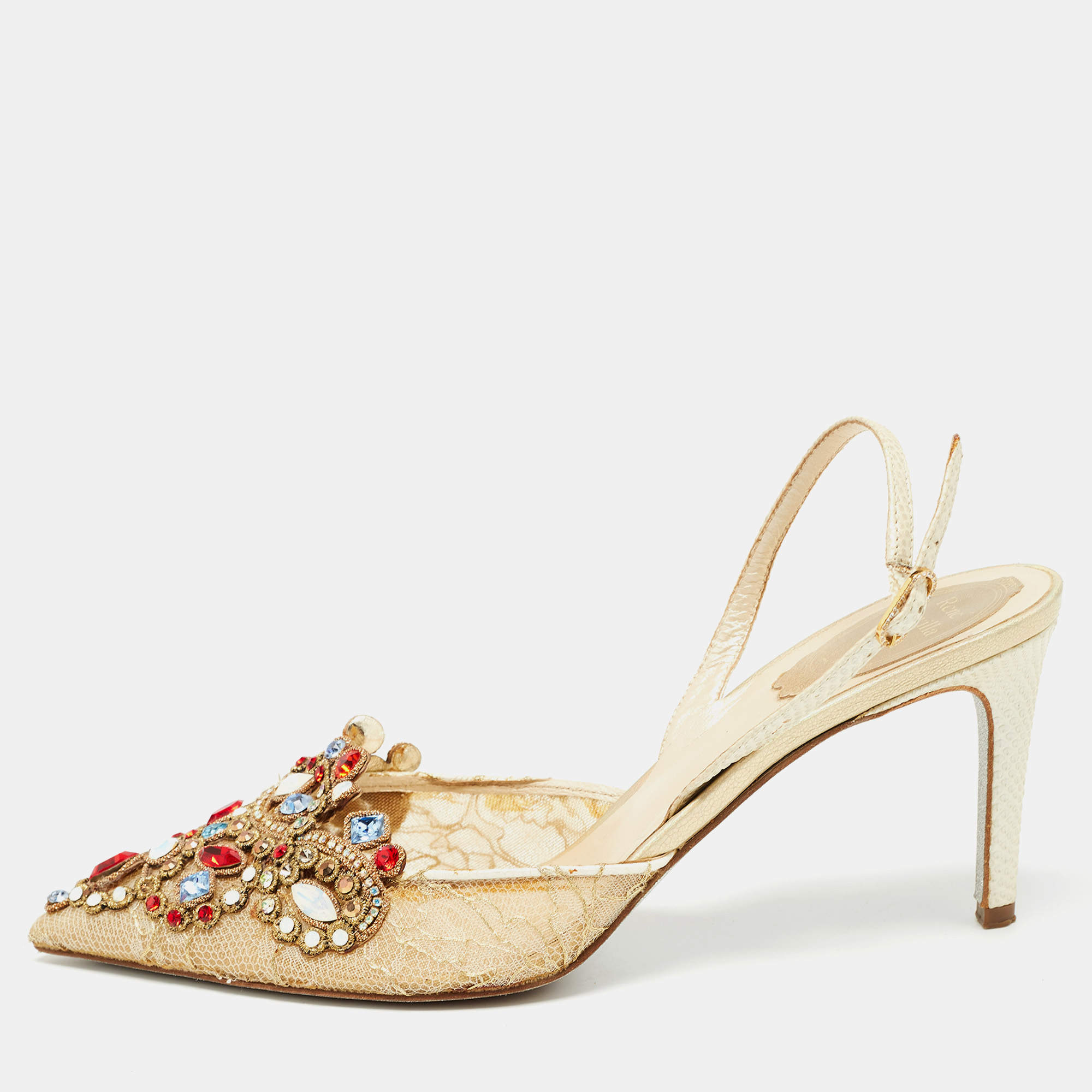 Pre Owned René Caovilla Cream  Lace and Leather Crystal Embellished Slingback Pumps Size 39